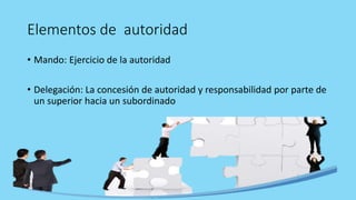 Elementos de autoridad
• Mando: Ejercicio de la autoridad
• Delegación: La concesión de autoridad y responsabilidad por parte de
un superior hacia un subordinado
 