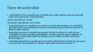 Tipos de autoridad
• Autoridad formal es aquella que se recibe de un jefe superior para ser ejercida
sobre otras personas o subordinados.
-lineal: ejercida por un jefe
-funcional: ejercido por varios jefes
• Autoridad técnica es aquella que se tiene en razón del prestigio y la capacidad
que dan ciertos conocimientos, teóricos o prácticos, que una persona posee en
determinada materia.
• Autoridad personal es aquella que poseen ciertos hombres en razón de sus
cualidades morales, sociales, psicológicas, etcétera, que los hacen adquirir un
ascendiente indiscutible sobre los demás, aun sin haber recibido autoridad
formal ninguna.
• Autoridad operativa es aquella que no se ejerce directamente sobre las personas,
sino más bien da facultad para decidir sobre determinadas acciones. P
 