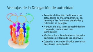Ventajas de la Delegación de autoridad
• Permite al directivo dedicarse a las
actividades de mas importancia, en
tanto que las funciones detalladas y
rutinarias se delegan.
• A través de ella, la responsabilidad se
comparte, haciéndose mas
significativo.
• Motiva a los subordinados al hacerlos
participes del logro de los objetivos.
• Capacita a los subordinados en ciertas
decisiones importantes
 