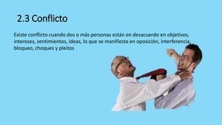 Existe conflicto cuando dos o más personas están en desacuerdo en objetivos,
intereses, sentimientos, ideas, lo que se manifiesta en oposición, interferencia,
bloqueo, choques y pleitos
2.3 Conflicto
 