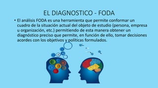 EL DIAGNOSTICO - FODA
• El análisis FODA es una herramienta que permite conformar un
cuadro de la situación actual del objeto de estudio (persona, empresa
u organización, etc.) permitiendo de esta manera obtener un
diagnóstico preciso que permite, en función de ello, tomar decisiones
acordes con los objetivos y políticas formulados.
 