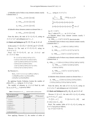 Pure and Applied Mathematics Journal 2017; 6(1): 1-4 3
c) Suborbits each of whose every element contains exactly
1 element from A
( ) ( ) ( ){ }4 1,3,5
1,4,6 1,4,6G
Orb∆ = =
( ) ( ) ( ){ }5 1,3,5
2,3,6 2,3,6G
Orb∆ = =
( ) ( ) ( ){ }6 1,3,5
2,4,5 2,4,5G
Orb∆ = =
d) Suborbit whose elements contain no element from A
( ) ( ) ( ){ }7 1,3,5
2,4,6 2,4,6G
Orb∆ = =
From the above, the rank of 2 2 2G S S S= × × acting on
X Y Z× × is 3
2 and subdegrees are 1,1,...,1.
3.4. Ranks and Subdegrees of 3 3 3× ×S S S on × ×X Y Z
In this section { }1,2,3X = , { }4,5,6Y = and { }7,8,9Z =
Theorem 3.4 The rank of 3 3 3G S S S= × × acting on
X Y Z× × is 3
2 .
Proof. Let 3 3 3G S S S= × × act on X Y Z× × and
K X Y Z= × × then
K = {( 1,4,7 ),( 1,4,8 ),( 1,4,9 ),( 1,5,7 ),
( 1,5,8 ),( 1,5,9 ),( 1,6,7 ),( 1,6,8 ),( 1,6,9 ),
( 2,4,7 ),( 2,4,8 ),( 2,4,9 ),( 2,5,7 ),( 2,5,8 ),
( 2,5,9 ),( 2,6,7 ),( 2,6,8 ),( 2,6,9 ),
( 3,4,7 ),( 3,4,8 ),( 3,4,9 ),( 3,5,7 ),( 1,5,8 ),
( 3,5,9 ),( 3,6,7 ),( 3,6,8 ),( 3,6,9 )}.
By Theorem 2.1,
GSta b ( 1,4,7 )= {( 1,1,1 ),( 1,1,(89) ),( 1,(56),1 ),
( 1,(56),(89) ),( (23),1,1 ),( (23),(1),(89) ),
( (23),(56),1 ),( (23),(56),(89) )}
By applying Cauchy Frobenius Lemma the number of
orbits of ( 1,4,7 )G acting on X Y Z× × are;
The number of elements in X Y Z× × fixed by each
( ) ( )1 2 3 1,4,7
, ,g g g G∈ is given by Table1
Table 1. Permutations in ( 1,4,7 )G and the number of fixed points.
Type of ordered triple
permutations in ( 1,4,7 )G
Number of
ordered triple of
permutations
( )1 2 3| Fix g , , |g g
( 1,1,1 ) 1 27
( 1,1,( ab ) ) 1 9
( 1,( ab ),1 ) 1 9
( 1,( ab ),( ab ) ) 1 3
( ( ab ),1,1 ) 1 9
( ( ab ),( ab ),1 ) 1 3
1 3
( ( ab ),( ab ),( ab ) ) 1 1
Now applying Theorem 2.2, the number of orbits of
( 1,4,7 )G acting on X Y Z× × is
( )
( )
( ) ( )
( ) ( ) ( ) ( )
( ) ( ) ( ) ( )
1 2 3 1,4,7
1 2 3
, ,1,4,7
3
1
| , , |
| |
1
1 27 1 9 1 9 1 3
8
64
1 9 1 3 1 3 1 1 8 2
8
g g g G
Fix g g g
G ∈
=
× + × + × + × +
× + × + × + × = = =
∑
Let A = { 1,4,7 }
The 3
2 orbits of ( 1,4,7 )G on X Y Z× × are:
a) Suborbit whose every element contains exactly 3
elements from A
0 G( 1,4,7 )=Orb ( 1,4,7 )={(1,4,7)}∆ -the trivial orbit.
b) Suborbits each of whose every element contains exactly
2 elements from A
1 G( 1,4,7 )=Orb ( 1,4,8 )={( 1,4,8 ),( 1,4,9 )}∆
2 G( 1,4,7 )=Orb ( 1,5,7 ) {( 1,5,7 ),( 1,6,7 )}∆ =
3 G( 1,4,7 )=Orb ( 2,4,7 ) {( 2,4,7 ),( 3,4,7 )}∆ =
c) Suborbits each of whose every element contains exactly
1 element from A
4 G( 1,4,7 )=Orb ( 1,5,8 )={( 1,5,8 ),( 1,5,9 ),( 1,6,8 ),( 1,6,9 )}∆
5 G( 1,4,7 )=Orb ( 2,4,8 )={( 2,4,8 ),( 2,4,9 ),
( 3,4,8 ),( 3,4,9 )}
∆
6 G( 1,4,7 )=Orb ( 2,5,7 ) {( 2,5,7 ),( 2,6,7 ),
( 3,5,7 ),( 3,6,7 )}
∆ =
d) Suborbit whose elements contain no element from A
7 G( 1,4,7 )=Orb ( 2,5,8 )={( 2,5,8 ),( 2,5,9 ),( 2,6,8 ),
( 3,5,8 ),( 2,6,9 ),( 3,5,9 ),( 3,6,8 ),( 3,6,9 )}
∆
From the above, the rank of 3 3 3G S S S= × × acting on
X Y Z× × is 3
2 and subdegrees are 1,2,2,2,4,4,4,8
3.5. Ranks and Subdegrees of × ×n n nS S S on × ×X Y Z
Theorem 3.5 If 2n ≥ , the rank of n n nG S S S= × × acting
on X Y Z× × is
3
2 , where
}{1,2,...,X n= , { }1, 2,...,2Y n n n= + + and
{ }2 1,2 2,...,3Z n n n= + + .
Proof. The number orbits of n n nG S S S= × × acting on
X Y Z× × are given as follows;
Let { }1, 1,2 1A n n= + +
 