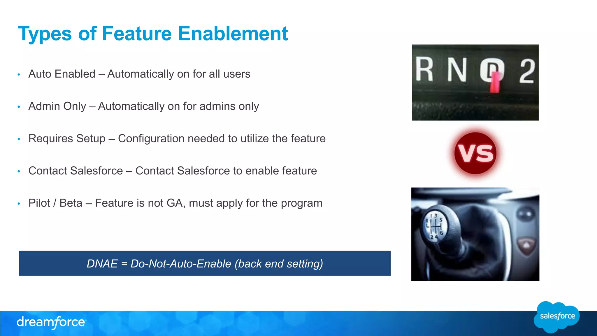 Types of Feature Enablement
• Auto Enabled – Automatically on for all users
• Admin Only – Automatically on for admins only
• Requires Setup – Configuration needed to utilize the feature
• Contact Salesforce – Contact Salesforce to enable feature
• Pilot / Beta – Feature is not GA, must apply for the program
DNAE = Do-Not-Auto-Enable (back end setting)
 