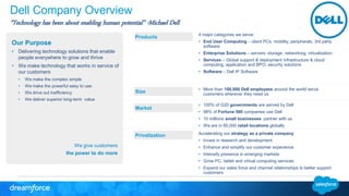 view
“Technology has been about enabling human potential” -Michael Dell
Our Purpose
• Delivering technology solutions that enable
people everywhere to grow and thrive
• We make technology that works in service of
our customers
• We make the complex simple
• We make the powerful easy to use
• We drive out inefficiency
• We deliver superior long-term value
Accelerating our strategy as a private company
• Invest in research and development
• Enhance and simplify our customer experience
• Intensify presence in emerging markets
• Grow PC, tablet and virtual computing services
• Expand our sales force and channel relationships to better support
customers
Privatization
• 100% of G20 governments are served by Dell
• 98% of Fortune 500 companies use Dell
• 10 millions small businesses partner with us
• We are in 60,000 retail locations globally
Market
• More than 100,000 Dell employees around the world serve
customers wherever they need us
Size
4 major categories we serve:
• End User Computing – client PCs, mobility, peripherals, 3rd party
software
• Enterprise Solutions – servers, storage, networking, virtualization
• Services – Global support & deployment infrastructure & cloud
computing, application and BPO, security solutions
• Software – Dell IP Software
Products
We give customers
the power to do more
Dell Company Overview
 