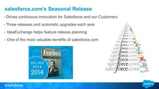 salesforce.com’s Seasonal Release
• Drives continuous innovation for Salesforce and our Customers
• Three releases and automatic upgrades each year
• IdeaExchange helps feature release planning
• One of the most valuable benefits of salesforce.com
 