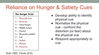 Reliance on Hunger & Satiety Cues
● Develop ability to identify
physical cue
● Normalize the physical
cue - confront the
distortion (or fear) about
the physical cue
● Respond appropriately to
cue
Roth 1989, Tribole 2010
 