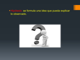Hipótesis: se formula una idea que pueda explicar
lo observado.
 