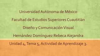 Universidad Autónoma de México
Facultad de Estudios Superiores Cuautitlán
Diseño y ComunicaciónVisual
Hernández Domínguez Rebeca Alejandra
Unidad 4,Tema 5, Actividad de Aprendizaje 3.
 
