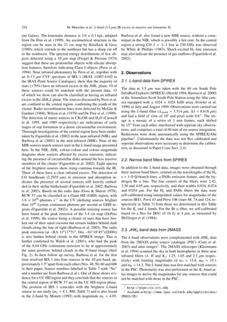 254                           M. Maercker et al.: L-band (3.5 µm) IR-excess in massive star formation. II.

our Galaxy. The kinematic distance is 3.0 ± 0.3 kpc, adopted         Barbosa et al. also found a new MIR source, without a coun-
from De Pree et al. (1999). An asymmetrical structure in the         terpart in the NIR, which is possibly a hot core. In the central
region can be seen in the 21 cm map by Retallack & Goss              region a strong CO J = 2−1 line at 230 GHz was observed
(1980), which extends to the northeast but has a sharp cut oﬀ        by White & Phillips (1983). Shock-excited H2 line emission
in the southwest. The spectral energy distributions of ﬁve ob-       may also indicate the presence of gas outﬂows (Figuerêdo et al.
jects detected using a 10 µm map (Frogel & Persson 1974)             2002).
suggest that these are protostellar objects with silicate absorp-
tion features, therefore indicating Class I objects (Persi et al.
1994). Near infrared photometry by Persi et al., together with       2. Observations
an 8–13 µm CVF spectrum of IRS 1 (IRAS 11097-6102 in
the IRAS Point Source Catalogue), show that the majority of          2.1. L-band data from SPIREX
stars (>70%) have an infrared excess in the JHKs plane. 19 of
                                                                     The data at 3.5 µm was taken with the 60 cm South Pole
these sources could be matched with the present data, 15
                                                                     InfraRed Explorer (SPIREX) (Hereld 1994; Burton et al. 2000)
of which we show can also be classiﬁed as having an infrared
                                                                     at the Amundsen-Scott South-Pole Station using the Abu cam-
excess in the JHKs L plane. The sources discussed by Persi et al.
                                                                     era equipped with a 1024 × 1024 InSb array (Fowler et al.
are conﬁned to the central region, conﬁrming the youth of the
                                                                     1998) in July and August 1999. Observations were carried out
cluster. Radio recombination lines were detected by McGee &
                                                                     using the L-band ﬁlter (λcentral = 3.514 µm, ∆λ = 0.618 µm)
Gardner (1968), Wilson et al. (1970) and De Pree et al. (1999).
                                                                     and had a ﬁeld of view of 10 and pixel scale 0.6 . The im-
The detection of maser sources in CH3 OH and H2 O (Caswell
                                                                     age is a mosaic of a series of 3 min frames, each shifted
et al. 1995, and 1989 respectively) are indications of early
                                                                     by 15 from each other, interleaved with seperate sky observa-
stages of star formation in a dense circumstellar environment.
                                                                     tions, and comprises a total of 60 min of on-source integration.
Thorough investigations of the central region have been under-
                                                                     Reductions were done automatically using the SPIREX/Abu
taken by Figuerêdo et al. (2002) in the near-infrared (NIR), and
                                                                     pipeline1. Unfortunately the data was not ﬂux calibrated and
Barbosa et al. (2003) in the mid-infrared (MIR). Nine of the
                                                                     seperate observations were necessary to determine the calibra-
MIR sources match sources seen in the L-band image presented
                                                                     tion, as discussed in Paper I (see Sect. 2.4).
here. In the NIR, JHKs colour–colour and colour–magnitude
diagrams show sources aﬀected by excess emission, indicat-
ing the presence of circumstellar disks around the less massive      2.2. Narrow band ﬁlters from SPIREX
members of the cluster (Figuerêdo et al. 2002). Eight spectra
of the brightest sources show rising continua towards the IR.        In addition to the L-band data, images were obtained through
Three of these have a clear infrared excess. The detection of        three narrow band ﬁlters, centred on the wavelengths of the H2
CO bandheads (2.2935 µm) in emission and absorption in-              v = 1–0 Q-branch lines, a PAHs emission feature, and the hy-
dicates the presence of several sources still heavily embed-         drogen Br α line. The line centres of the ﬁlters were 2.42,
ded in their stellar birthclouds (Figuerêdo et al. 2002; Barbosa     3.30 and 4.05 µm, respectively, and their widths 0.034, 0.074
et al. 2003). Based on the radio data (Goss & Shaver 1970),          and 0.054 µm. For the H2 and PAHs ﬁlters the data were
RCW 57 can be classiﬁed as a Giant HII (GHII) region, with           self-calibrated using interpolated values for magnitudes of the
1.6 × 1050 photons s−1 in the UV (deﬁning sources brighter           sources IRS1, Persi 43 and Persi 106 (stars 88, 74 and 124, re-
than 1050 Lyman continuum photons per second as GHII re-             spectively in Table 7) from those we determined in this Table
gions (Figuerêdo et al. 2002)). A possible ionizing source has       for the Ks and L bands. For the Br α ﬁlter, we self-calibrated
been found at the peak emission of the 3.4 cm map (DePree            based on a ﬂux for IRS1 of 16 Jy at 4 µm, as measured by
et al. 1999), the source being a cluster of stars that have bro-     McGregor et al. (1984).
ken out of their natal cocoons but remain hidden behind dark
clouds along the line of sight (Barbosa et al. 2003). The radio
                                                                     2.3. JHKs -band data from 2MASS
peak emission (at ∼RA 11h 11m 51s , Dec −61◦ 18 45 (J2000))
is also hidden behind clouds in the SPIREX image. This is            The L-band observations were complemented with JHKs data
further conﬁrmed by Walsh et al. (2001), who ﬁnd the peak            from the 2MASS point source catalogue (PSC) (Cutri et al.
of the 8.64 GHz continuum emission to lie at approximately           2003) and atlas images2 . The 2MASS telescopes (Kleinmann
the same position, behind clouds in the N-band image (their          et al. 1994) scanned the sky in both hemispheres in three near
Fig. 2). In their follow up survey, Barbosa et al. for the ﬁrst      infrared ﬁlters (J, H and Ks ; 1.25, 1.65 and 2.2 µm respec-
time resolved IRS 1 into four sources in the 10 µm band, ap-         tively) with limiting magnitudes of m J = 15.8, mH = 15.1
proximately 1.5 apart from each other (Nos. 48, 50, 60 and 60b       and mK = 14.3. The L-band data was ﬁrst matched with sources
in their paper. Source numbers labelled in Table 7 with “No”         in the PSC. Photometry was also performed on the Ks -band at-
and a number are from Barbosa et al.). One of these shows evi-       las images to derive the magnitudes for any sources that could
dence for a UC HII region and they conclude that the sources in      not be matched with those in the PSC.
the central region of RCW 57 are in the UC HII region phase.
The position of IRS 1 coincides with the brightest L-band              1
                                                                        http://pipe.cis.rit.edu
source in our study (mL = 4.1, #88, Table 7) and is also found         2
                                                                        Available at http://www.ipac.caltech.edu/applications/
in the L-band by Moneti (1992) with magnitude mL = 4.05.             2MASS/IM/
 