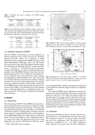 M. Maercker et al.: L-band (3.5 µm) IR-excess in massive star formation. II.                           255

Table 1. Standard star used to calibrate the CASPIR images
(McGregor 1994).

         Name        RA(J2000)         Dec(J2000)        mL
                      (h m s)           (d m s)          Mag
        BS4638       12 11 39.1         −52 22 06       4.501

Table 2. Stars in RCW 57 used for calibration. Bright, isolated stars
were chosen from the SPIREX image and used to calibrate the remain-
ing stars in the image. Their L-band magnitudes were determined from
the standard star, and have an average error of ±0.05 mag.

           id      RA(J2000)         Dec(J2000)        mL
                    (h m s)           (d m s)          Mag
           8        11 11 10.6       –61 17 45.2       7.4               Fig. 1. SPIREX L-band (3.5 µm) image of RCW 57. Total on-source
          19        11 11 19.7       –61 15 26.0       7.2               integration of 60 min; eﬀective resolution 2.6 ; pixel scale 0.6 ;
          173       11 12 25.4       –61 15 11.6       7.6               90% completeness limit at 11.2 mag; faintest star detected 13.5 mag.


2.4. Calibration data from CASPIR
Since the SPIREX L-band image was not ﬂux calibrated, ad-
ditional observations were carried out using the Australian
National University (ANU) 2.3 m telescope at Siding
Spring Observatory, equipped with CASPIR (Cryogenic Array
Spectrometer/Imager) (McGregor 1994). The observations
were carried out in early April 2004 together with the calibra-
tion observations for 30 Doradus (Paper I). A narrow band ﬁlter
(λcentral = 3.592 µm, ∆λ = 0.078 µm) was used to avoid satura-
tion due to sky brightness, in contrast to the broader band it was
possible to use with SPIREX because of the lower sky back-
ground at the South Pole. To see whether this introduced an er-
ror, the calibration stars were examined for colour variations
                                                                         Fig. 2. Enlargement of the central region of RCW 57 at L-band
by comparing the L-band to PAH ﬂux ratios. These were found              (3.5 µm) with contours showing the nebulosity. Contour levels are
to be constant within the measurement uncertainties, making it           0.03, 0.2, 0.4, 0.7, 1.0, 1.7, 2.3, 3.0, 8.3 and 20 mJy/arcsec2 .
possible to use the narrow band calibration data. The standard
star used to calibrate the images is listed in Table 1 and the stars
in the SPIREX image used to determine the zero-point correc-             not in the 2MASS PSC catalogue with photometry performed
tion are listed in Table 2. The individual error for the calibrated      on the 2MASS Ks -band atlas images resulted in an additional
stars is ∼0.05 mag which leads to a weighted error in the zero-          17 matches.
point correction of ∼0.03 mag and is included in all subsequent              The mosaiced SPIREX image suﬀered from irregular dis-
error calculations.                                                      tortions (in the upper most left part of the image a recognizable
                                                                         pattern of 3 stars was 8 oﬀ). These were however small over
3. Results                                                               the largest part of the image, and the L-band data could care-
                                                                         fully be matched with the PSC and Ks -band images by marking
3.1. Photometry                                                          the sources in the images and then selecting matches “by hand”,
                                                                         taking local distortions into account. Table 3 lists the statistics
The L-band image of RCW 57 from SPIREX is shown in Fig. 1
                                                                         for detections in the various bands including the statistics when
and an enlargement of the central region overlaid with contour
                                                                         aplying the 90% completeness limit.
lines showing the nebulosity is shown in Fig. 2. The same steps
to obtaining the photometry were undertaken as described for
30 Doradus in Paper I, including ﬁtting coordinates using the            3.2. Sensitivity
Karma package3, running IRAF/daophot to get the photome-
                                                                         The detection threshold was taken to be three times the stan-
try and adding 400 artiﬁcial stars using addstar to estimate the
                                                                         dard deviation σsky of a typical region of sky near each source.
errors. This last step resulted in a 90% completeness limit of
                                                                         This resulted in a limit of ∼12 mag at L-band, correspond-
11.2 mag in the L-band. The individual errors for the L-band
                                                                         ing to the 84% completeness limit. The faintest source de-
magnitudes were given by IRAF/daophot. Matching sources
                                                                         tected has a magnitude of mL = 13.5 (69% completeness
 3
     http://www.atnf.csiro.au/karma/                                     limit). However, only sources above the 90% completeness
 