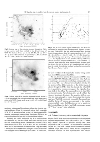 M. Maercker et al.: L-band (3.5 µm) IR-excess in massive star formation. II.                                 257




                                                                         Fig. 7. JHKs L colour–colour diagram for RCW 57. The thick solid
Fig. 5. Contour map of the emission measured through the PAHs            line shows the position of the unreddened main sequence for spec-
3.3 µm narrow band ﬁlter, overlaid on the L-band image of                tral types O6-8 to M 5. The thin solid line above shows the giant
RCW 57. Contours levels are at 2.2, 3.9, 5.7, 10 and 19 ×                branch for spectral types K0 to M 5 and extends from (J − H) = 0.5,
10−3 Jy arcsec−2 for continuum, or equivalently 4.4, 8.0, 12, 20 and     (Ks − L) = 0.07 to (J − H) = 0.9 to (Ks − L = 0.19. The dashed lines
38 × 10−17 W m−2 arcsec−2 if it is line emission.                        show the reddening vector up to AV = 30 assuming an extinction law
                                                                         ∝λ−1.7 . Star shaped symbols are stars identiﬁed as having an IR-excess
                                                                         (Sect. 4.2). Sources in squares are have (J − Ks ) < 0.7 (see Sect. 3.3).
                                                                         The cross in the lower right of the diagram indicates the mean errors
                                                                         for all stars. 209 stars lie above the 90% completeness limit and 75 of
                                                                         these lie outside the reddening band and are therefore considered to
                                                                         have IR-excess (Tables 3 and 4).


                                                                         the level would not be distinguishable from the strong contin-
                                                                         uum from IRS1 in a narrow band ﬁlter.
                                                                              We can, however, report a clear detection of PAHs emis-
                                                                         sion from RCW 57. While the diﬀuse emission in the PAHs and
                                                                         L band images are similar in morphology, with extended emis-
                                                                         sion around IRS1 and a ﬁlament extending from it to the NE,
                                                                         the contrast of the diﬀuse emission to the stellar sources is
                                                                         clearer through the PAHs ﬁlter than through the L band ﬁl-
                                                                         ter. A quantitative comparison suggests that typically about
                                                                         one third of the diﬀuse ﬂux measured in the L band ﬁlter
                                                                         must come from the PAHs feature at 3.3 µm. It is likely that
                                                                         scattered continuum dominates the remaining diﬀuse emis-
Fig. 6. Contour maps of the emission measured through the Br α           sion at L band, although we cannot demonstrate that from the
4.05 µm narrow band ﬁlter, overlaid on the L band image of the central
                                                                         data here. The PAHs emission is presumably ﬂuorescently ex-
region of RCW 57. Contour levels are at 3.2, 4.9, 6.5, 9.8, 16, 23 and
                                                                         cited by the far-UV photons also generated by the ionizing
61 × 10−2 Jy arcsec−2 .
                                                                         source(s) which excites the HII region. As can be seen in our
                                                                         Fig. 5, typical ﬂuxes for the 3.3 µm PAHs emission are around
                                                                         10−16 W m−2 arcsec−2 in the nebulosity.
our image without careful continuum subtraction from the nar-
row band image. While H2 emission is indeed likely present in
RCW 57, all we can conclude is that it is not distinguishable            4. Analysis
from the continuum in a narrow band ﬁlter image. There are no
                                                                         4.1. Colour–colour and colour–magnitude diagrams
extended regions of bright pure H2 line emission evident.
    Similarly, we cannot distinguish any Br α emission from              Figures 7 to 9 show the colour–colour and colour–magnitude
the continuum at 4 µm in a narrow band ﬁlter, although again             diagrams. Figure 7 shows the (J − H) colour vs. (Ks − L) colour,
this line is most likely present. Moorwood & Salinari (1983)             Fig. 8 the (J − H) vs. (H − Ks ) colours and Fig. 9 the L-band
report a detection of Br α 10 S of IRS1, but at a level that is          magnitude vs. (Ks − L) colour. The diagrams were created us-
about 10% of the continuum level we measure. They also report            ing the JHKs data from 2MASS and the L-band data from the
a detection of Br α on IRS1 itself, though at a level inconsistent       SPIREX image. Only sources above the 90% completeness
with an upper limit of McGregor et al. (1984). In either case,           limit were included. The main sequence (thick solid line) for
 