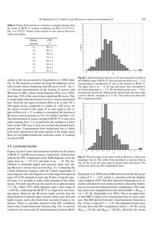 M. Maercker et al.: L-band (3.5 µm) IR-excess in massive star formation. II.                              259

Table 5. Cluster Disk Fraction as a function of angular distance from
the centre of RCW 57 (central coordinates are RA 11h 11m 53.41s ,
Dec −61◦ 18 22.5 ) based on the fraction of stars with an IR excess
within each radius.

                       Radius            CDF
                      (arcmin)            %
                         <1             95 ± 1
                         <2             90 ± 1
                         <3             79 ± 2
                         <4             73 ± 2
                         <5             66 ± 1
                         <6             62 ± 2
                         <7             58 ± 2
                         >7             55 ± 2

                                                                        Fig. 10. L band luminosity function of all stars detected at L-band in
similar to the one presented by Figuerêdo et al. (2002) (their          the SPIREX image of RCW 57. Stars are detected down to mL ∼ 13.5,
Fig. 4). The majority of sources lie along the reddening vector,        corresponding to unreddened A5 stars at the distance of RCW 57.
with several sources displaying clear IR-excess at (H − Ks ) >          The upper limit is mL ∼ 4. O5 type and earlier stars correspond to
1.5. Previous determinations of the fraction of sources with            an L-band magnitude mL ∼ 7.5. The distribution peaks at mL ∼ 10 in-
IR-excess in JHKs colour–colour diagrams (Persi et al. 1994),           dicating early type B stars. Based on the spectral types the mass range
show that >70% of the sources have signiﬁcant IR-excess. This           is from 2–60 M and peaks at 7–17 M . The vertical line shows the
is much higher than the fraction of excess sources determined           90% completeness limit.
here. However, the region covered in Persi et al. is only 340 ×
340 square arcsec, compared to a radius of ∼440 arcsec for
the region covered in this paper. If an area equal to the re-
gion in Persi et al. (∼3 in radius) is considered, the fraction of
IR-excess sources increases to 79 ± 2% (Table 5 and Sect. 5.3).
The determination of sources not part of RCW 57 is only a ﬁrst
order estimate (Sect. 3.3). In particular, the estimate is a lower
limit on the CDF since it may not exclude all potential back-
ground stars. Contamination from background stars is likely
to be more signiﬁcant in the outer regions of the image where
these are not hidden behind the molecular cloud, so resulting
in a lower CDF.


4.3. Luminosity function
Figures 10 and 11 show the luminosity function for all sources
in RCW 57, and IR-excess sources, respectively. Vertical lines
indicate the 90% completeness limit. Both diagrams cover the            Fig. 11. The percentage of all sources with an IR-excess within each
                                                                        magnitude interval. The width of the distribution is narrower than in
range from mL = 7.5–13.5 and peak at mL ∼ 10. The dis-
                                                                        Fig. 10, but covers the same range of spectral types and masses. The
tribution is somewhat higher and narrower when only tak-
                                                                        vertical line shows the 90% completeness limit.
ing IR-excess sources into account (Fig. 11). Comparing the
L-band luminosity function with the L-band magnitudes of
main sequence stars, the diagrams cover the range from spectral         (Figuerêdo et al. 2002) and an IMF derived from the KLF gives
types A3 to O5 and peak at early type B stars. Using the spec-          a slope of Γ = −1.62, which is consistent with the Salpeter
tral types, it is possible to make crude estimates of the stellar       value (Salpeter 1955). The KLF derived in Figuerêdo et al. in-
masses. For early type B stars the masses lie at approximately          cluded correction for non-cluster members, interstellar redden-
7–17 M (Allen 1973). Both diagrams span a mass range of                 ing, excess emission and photometric completeness. The result-
∼2–60 M , conﬁrming that RCW 57 is a high mass star form-               ing cluster mass integrated from their derived IMF, is Mcluster =
ing region. However, the IR-excess might severely bias the              5.4 × 103 M (Figuerêdo et al. 2002). This is an upper limit,
determination of spectral types towards earlier type stars and          as their IMF is likely to be overestimated due to excess emis-
higher masses, and so the results here can only be taken as in-         sion. The IMF derived from the L-band luminosity function in
dicative. There is a possible turnover at the 90% conﬁdence             Fig. 10 has a slope of Γ = −1.42. The integrated cluster mass
limit in the L-band luminosity function (Fig. 10). A turnover           for stars above the 90% completeness limit is ∼104 M (using
is however not seen in the Ks -band luminosity function (KLF)           Mlower = 5.8 M and Mupper = 100 M ). However, the cluster
 
