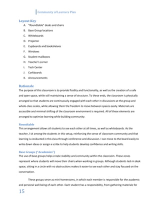 Community of Learners Plan
15
Layout Key
A. “Roundtable” desks and chairs
B. Base Group locations
C. Whiteboards
D. Projector
E. Cupboards and bookshelves
F. Windows
G. Student mailboxes
H. Teacher’s corner
I. Tech Center
J. Corkboards
K. Announcements
Rationale
The purpose of this classroom is to provide fluidity and functionality, as well as the creation of a safe
and open space, while still maintaining a sense of structure. To these ends, the classroom is physically
arranged so that students are continuously engaged with each other in discussions at the group and
whole-class scales, while allowing them the freedom to move between spaces easily. Materials are
accessible and minimal shifting of the classroom environment is required. All of these elements are
arranged to optimize learning while building community.
Roundtable
This arrangement allows all students to see each other at all times, as well as whiteboards. As the
teacher, I sit among the students in this setup, reinforcing the sense of classroom community and that
learning is conducted in this class through conference and discussion. I can move to the board easily to
write down ideas or assign a scribe to help students develop confidence and writing skills.
Base Groups (“Academies”)
The use of base groups helps create stability and community within the classroom. These zones
represent where students will move their chairs when working in groups. Although students lack in desk
space, sitting in a circle with no obstructions makes it easier to see each other and stay focused on the
conversation.
These groups serve as mini-homerooms, in which each member is responsible for the academic
and personal well-being of each other. Each student has a responsibility, from gathering materials for
 