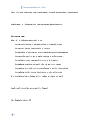 Community of Learners Plan
44
What social goals do you have for yourself this year? Please be appropriate with your response.
In what ways can I help you achieve these social goals? Please be specific.
My Learning Style:
Check ALL of the following that apply to you:
____ I enjoy reading, writing, or speaking out loud in class and in groups.
____ I enjoy math, science, logic problems, or numbers.
____ I enjoy making or looking at art, pictures, paintings, or movies/video games.
____ I enjoy moving, dancing, sports, crafts, sculpture, or performance art.
____ I enjoy hearing music, playing an instrument, or writing songs.
____ I enjoy being social, interacting with others, or working in groups.
____ I enjoy alone time, daydreaming, personal space, or working independently.
____ I enjoy being outside, learning about nature, or being with animals.
Overall, what teaching methods or devices are best for helping you learn?
Academically, where have you struggled in the past?
Why do you think this is so?
 