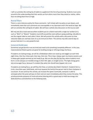 Community of Learners Plan
63
I will run activities like Letting Go of Labels to supplement this line of questioning. Students must come
around to the understanding that their words can hurt others more than they intend or realize, rather
than me telling them from on high.
Racial Slurs
There is a zero-tolerance policy for these comments. I will initiate with my policy on put-downs, and
immediately state that such comments are unacceptable in my classroom and in the world at large. We
will run activities like Letting Go of Labels. We will have a whole-class discussion on the issue as well.
We may also do a mask exercise where students put on a blank mask with a single slur written on it,
such as “Bitch” or “Retard.” Students must drift around the room without saying anything, only able to
see the singular label on each other’s faces. We will process this activity with a discussion on how
reductive labels are and how none of us are immune to them. This activity may take several days to
process fully but it is a very powerful tool.
General Doldrums
Sometimes we get bored or we are tired and need to do something completely different. In this case,
improvisational theatre games are great for building energy or refining energy into focus.
If students are lacking energy, we will do a Shakedown where we stand up and wiggle out each limb
eight times, then four times each, then two, then one. This is how I always open my Improv sessions and
it always gets people warmed up and ready to go. We can also play Zip Zap Zop, where students must
form a circle and pass an invisible energy to their left, right, or straight across. This high-energy game
also encourages focus, because if a student Zips when she should have Zapped, she is out.
If students are lacking focus, we will Pass the Pulse, an activity described in Section E. Students form a
circle, close their eyes, hold hands, and must squeeze the hand of the person next to them clockwise in
succession. As we continue this activity, we increase the speed. Eventually, everyone is able to
anticipate when the pulse will pass to them and can react immediately when they receive the pulse. This
activity promotes presence of mind and active listening and is a great way to mold raw energy into
dedicated focus and attention to the following tasks.
 