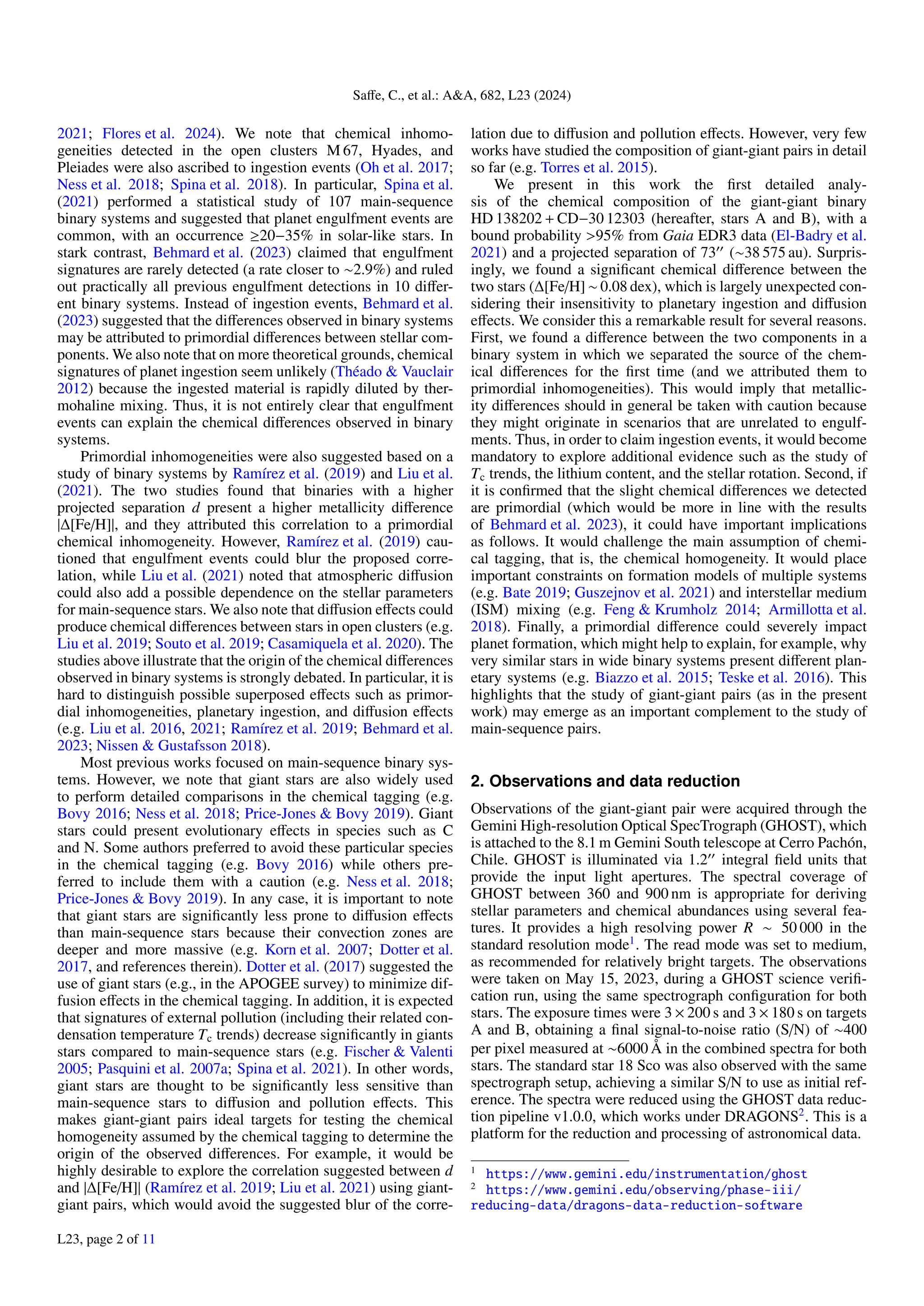 Saffe, C., et al.: A&A, 682, L23 (2024)
2021; Flores et al. 2024). We note that chemical inhomo-
geneities detected in the open clusters M 67, Hyades, and
Pleiades were also ascribed to ingestion events (Oh et al. 2017;
Ness et al. 2018; Spina et al. 2018). In particular, Spina et al.
(2021) performed a statistical study of 107 main-sequence
binary systems and suggested that planet engulfment events are
common, with an occurrence ≥20−35% in solar-like stars. In
stark contrast, Behmard et al. (2023) claimed that engulfment
signatures are rarely detected (a rate closer to ∼2.9%) and ruled
out practically all previous engulfment detections in 10 differ-
ent binary systems. Instead of ingestion events, Behmard et al.
(2023) suggested that the differences observed in binary systems
may be attributed to primordial differences between stellar com-
ponents. We also note that on more theoretical grounds, chemical
signatures of planet ingestion seem unlikely (Théado & Vauclair
2012) because the ingested material is rapidly diluted by ther-
mohaline mixing. Thus, it is not entirely clear that engulfment
events can explain the chemical differences observed in binary
systems.
Primordial inhomogeneities were also suggested based on a
study of binary systems by Ramírez et al. (2019) and Liu et al.
(2021). The two studies found that binaries with a higher
projected separation d present a higher metallicity difference
|∆[Fe/H]|, and they attributed this correlation to a primordial
chemical inhomogeneity. However, Ramírez et al. (2019) cau-
tioned that engulfment events could blur the proposed corre-
lation, while Liu et al. (2021) noted that atmospheric diffusion
could also add a possible dependence on the stellar parameters
for main-sequence stars. We also note that diffusion effects could
produce chemical differences between stars in open clusters (e.g.
Liu et al. 2019; Souto et al. 2019; Casamiquela et al. 2020). The
studies above illustrate that the origin of the chemical differences
observed in binary systems is strongly debated. In particular, it is
hard to distinguish possible superposed effects such as primor-
dial inhomogeneities, planetary ingestion, and diffusion effects
(e.g. Liu et al. 2016, 2021; Ramírez et al. 2019; Behmard et al.
2023; Nissen & Gustafsson 2018).
Most previous works focused on main-sequence binary sys-
tems. However, we note that giant stars are also widely used
to perform detailed comparisons in the chemical tagging (e.g.
Bovy 2016; Ness et al. 2018; Price-Jones & Bovy 2019). Giant
stars could present evolutionary effects in species such as C
and N. Some authors preferred to avoid these particular species
in the chemical tagging (e.g. Bovy 2016) while others pre-
ferred to include them with a caution (e.g. Ness et al. 2018;
Price-Jones & Bovy 2019). In any case, it is important to note
that giant stars are significantly less prone to diffusion effects
than main-sequence stars because their convection zones are
deeper and more massive (e.g. Korn et al. 2007; Dotter et al.
2017, and references therein). Dotter et al. (2017) suggested the
use of giant stars (e.g., in the APOGEE survey) to minimize dif-
fusion effects in the chemical tagging. In addition, it is expected
that signatures of external pollution (including their related con-
densation temperature Tc trends) decrease significantly in giants
stars compared to main-sequence stars (e.g. Fischer & Valenti
2005; Pasquini et al. 2007a; Spina et al. 2021). In other words,
giant stars are thought to be significantly less sensitive than
main-sequence stars to diffusion and pollution effects. This
makes giant-giant pairs ideal targets for testing the chemical
homogeneity assumed by the chemical tagging to determine the
origin of the observed differences. For example, it would be
highly desirable to explore the correlation suggested between d
and |∆[Fe/H]| (Ramírez et al. 2019; Liu et al. 2021) using giant-
giant pairs, which would avoid the suggested blur of the corre-
lation due to diffusion and pollution effects. However, very few
works have studied the composition of giant-giant pairs in detail
so far (e.g. Torres et al. 2015).
We present in this work the first detailed analy-
sis of the chemical composition of the giant-giant binary
HD 138202 + CD−30 12303 (hereafter, stars A and B), with a
bound probability >95% from Gaia EDR3 data (El-Badry et al.
2021) and a projected separation of 7300
(∼38 575 au). Surpris-
ingly, we found a significant chemical difference between the
two stars (∆[Fe/H] ∼ 0.08 dex), which is largely unexpected con-
sidering their insensitivity to planetary ingestion and diffusion
effects. We consider this a remarkable result for several reasons.
First, we found a difference between the two components in a
binary system in which we separated the source of the chem-
ical differences for the first time (and we attributed them to
primordial inhomogeneities). This would imply that metallic-
ity differences should in general be taken with caution because
they might originate in scenarios that are unrelated to engulf-
ments. Thus, in order to claim ingestion events, it would become
mandatory to explore additional evidence such as the study of
Tc trends, the lithium content, and the stellar rotation. Second, if
it is confirmed that the slight chemical differences we detected
are primordial (which would be more in line with the results
of Behmard et al. 2023), it could have important implications
as follows. It would challenge the main assumption of chemi-
cal tagging, that is, the chemical homogeneity. It would place
important constraints on formation models of multiple systems
(e.g. Bate 2019; Guszejnov et al. 2021) and interstellar medium
(ISM) mixing (e.g. Feng & Krumholz 2014; Armillotta et al.
2018). Finally, a primordial difference could severely impact
planet formation, which might help to explain, for example, why
very similar stars in wide binary systems present different plan-
etary systems (e.g. Biazzo et al. 2015; Teske et al. 2016). This
highlights that the study of giant-giant pairs (as in the present
work) may emerge as an important complement to the study of
main-sequence pairs.
2. Observations and data reduction
Observations of the giant-giant pair were acquired through the
Gemini High-resolution Optical SpecTrograph (GHOST), which
is attached to the 8.1 m Gemini South telescope at Cerro Pachón,
Chile. GHOST is illuminated via 1.200
integral field units that
provide the input light apertures. The spectral coverage of
GHOST between 360 and 900 nm is appropriate for deriving
stellar parameters and chemical abundances using several fea-
tures. It provides a high resolving power R ∼ 50 000 in the
standard resolution mode1
. The read mode was set to medium,
as recommended for relatively bright targets. The observations
were taken on May 15, 2023, during a GHOST science verifi-
cation run, using the same spectrograph configuration for both
stars. The exposure times were 3 × 200 s and 3 × 180 s on targets
A and B, obtaining a final signal-to-noise ratio (S/N) of ∼400
per pixel measured at ∼6000 Å in the combined spectra for both
stars. The standard star 18 Sco was also observed with the same
spectrograph setup, achieving a similar S/N to use as initial ref-
erence. The spectra were reduced using the GHOST data reduc-
tion pipeline v1.0.0, which works under DRAGONS2
. This is a
platform for the reduction and processing of astronomical data.
1
https://www.gemini.edu/instrumentation/ghost
2
https://www.gemini.edu/observing/phase-iii/
reducing-data/dragons-data-reduction-software
L23, page 2 of 11
 