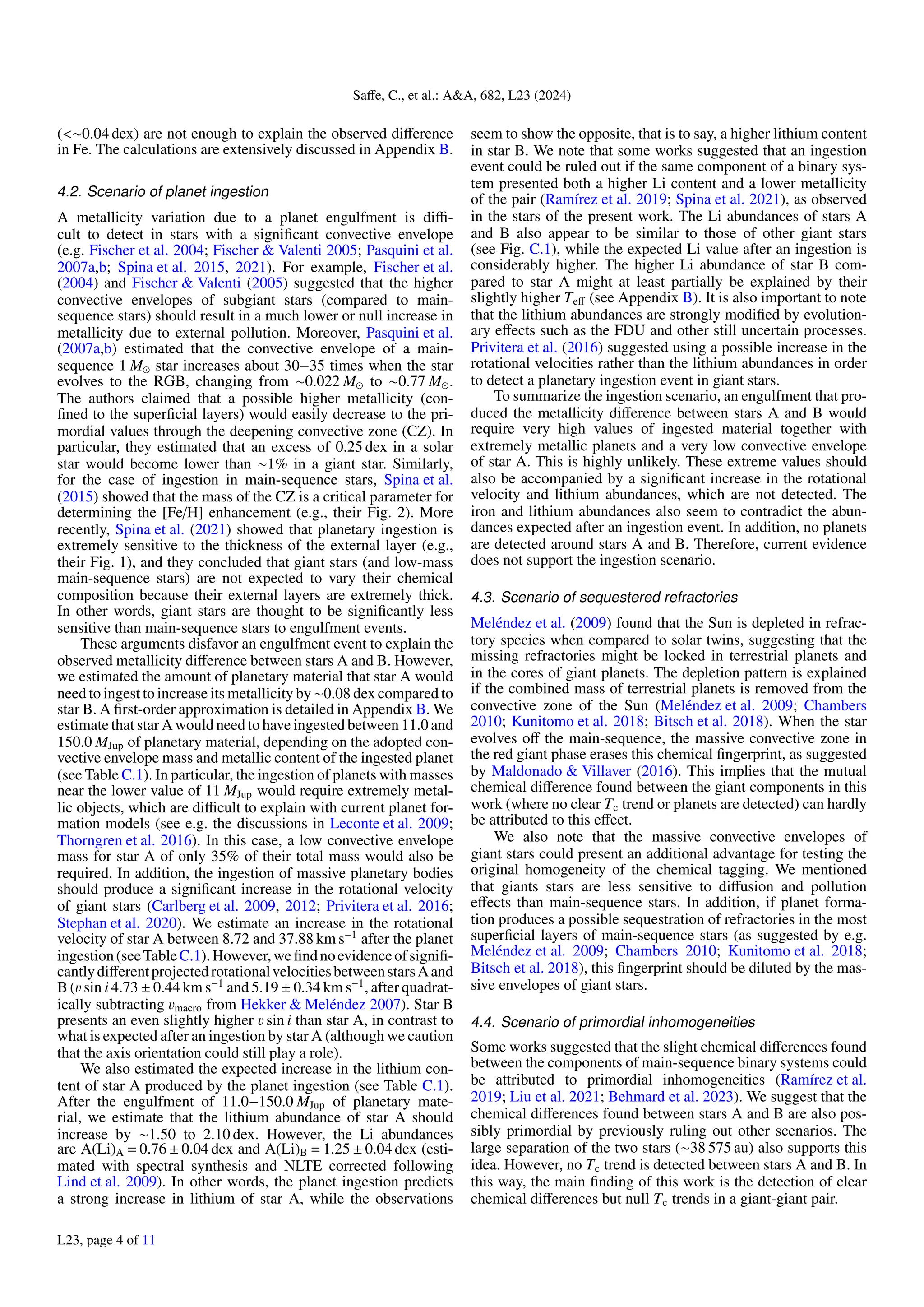 Saffe, C., et al.: A&A, 682, L23 (2024)
(<∼0.04 dex) are not enough to explain the observed difference
in Fe. The calculations are extensively discussed in Appendix B.
4.2. Scenario of planet ingestion
A metallicity variation due to a planet engulfment is diffi-
cult to detect in stars with a significant convective envelope
(e.g. Fischer et al. 2004; Fischer & Valenti 2005; Pasquini et al.
2007a,b; Spina et al. 2015, 2021). For example, Fischer et al.
(2004) and Fischer & Valenti (2005) suggested that the higher
convective envelopes of subgiant stars (compared to main-
sequence stars) should result in a much lower or null increase in
metallicity due to external pollution. Moreover, Pasquini et al.
(2007a,b) estimated that the convective envelope of a main-
sequence 1 M star increases about 30−35 times when the star
evolves to the RGB, changing from ∼0.022 M to ∼0.77 M .
The authors claimed that a possible higher metallicity (con-
fined to the superficial layers) would easily decrease to the pri-
mordial values through the deepening convective zone (CZ). In
particular, they estimated that an excess of 0.25 dex in a solar
star would become lower than ∼1% in a giant star. Similarly,
for the case of ingestion in main-sequence stars, Spina et al.
(2015) showed that the mass of the CZ is a critical parameter for
determining the [Fe/H] enhancement (e.g., their Fig. 2). More
recently, Spina et al. (2021) showed that planetary ingestion is
extremely sensitive to the thickness of the external layer (e.g.,
their Fig. 1), and they concluded that giant stars (and low-mass
main-sequence stars) are not expected to vary their chemical
composition because their external layers are extremely thick.
In other words, giant stars are thought to be significantly less
sensitive than main-sequence stars to engulfment events.
These arguments disfavor an engulfment event to explain the
observed metallicity difference between stars A and B. However,
we estimated the amount of planetary material that star A would
need to ingest to increase its metallicity by ∼0.08 dex compared to
star B. A first-order approximation is detailed in Appendix B. We
estimate that star A would need to have ingested between 11.0 and
150.0 MJup of planetary material, depending on the adopted con-
vective envelope mass and metallic content of the ingested planet
(see Table C.1). In particular, the ingestion of planets with masses
near the lower value of 11 MJup would require extremely metal-
lic objects, which are difficult to explain with current planet for-
mation models (see e.g. the discussions in Leconte et al. 2009;
Thorngren et al. 2016). In this case, a low convective envelope
mass for star A of only 35% of their total mass would also be
required. In addition, the ingestion of massive planetary bodies
should produce a significant increase in the rotational velocity
of giant stars (Carlberg et al. 2009, 2012; Privitera et al. 2016;
Stephan et al. 2020). We estimate an increase in the rotational
velocity of star A between 8.72 and 37.88 km s−1
after the planet
ingestion(seeTableC.1).However,wefindnoevidenceofsignifi-
cantlydifferentprojectedrotationalvelocitiesbetweenstarsAand
B (v sin i 4.73 ± 0.44 km s−1
and 5.19 ± 0.34 km s−1
, after quadrat-
ically subtracting vmacro from Hekker & Meléndez 2007). Star B
presents an even slightly higher v sin i than star A, in contrast to
what is expected after an ingestion by star A (although we caution
that the axis orientation could still play a role).
We also estimated the expected increase in the lithium con-
tent of star A produced by the planet ingestion (see Table C.1).
After the engulfment of 11.0−150.0 MJup of planetary mate-
rial, we estimate that the lithium abundance of star A should
increase by ∼1.50 to 2.10 dex. However, the Li abundances
are A(Li)A = 0.76 ± 0.04 dex and A(Li)B = 1.25 ± 0.04 dex (esti-
mated with spectral synthesis and NLTE corrected following
Lind et al. 2009). In other words, the planet ingestion predicts
a strong increase in lithium of star A, while the observations
seem to show the opposite, that is to say, a higher lithium content
in star B. We note that some works suggested that an ingestion
event could be ruled out if the same component of a binary sys-
tem presented both a higher Li content and a lower metallicity
of the pair (Ramírez et al. 2019; Spina et al. 2021), as observed
in the stars of the present work. The Li abundances of stars A
and B also appear to be similar to those of other giant stars
(see Fig. C.1), while the expected Li value after an ingestion is
considerably higher. The higher Li abundance of star B com-
pared to star A might at least partially be explained by their
slightly higher Teff (see Appendix B). It is also important to note
that the lithium abundances are strongly modified by evolution-
ary effects such as the FDU and other still uncertain processes.
Privitera et al. (2016) suggested using a possible increase in the
rotational velocities rather than the lithium abundances in order
to detect a planetary ingestion event in giant stars.
To summarize the ingestion scenario, an engulfment that pro-
duced the metallicity difference between stars A and B would
require very high values of ingested material together with
extremely metallic planets and a very low convective envelope
of star A. This is highly unlikely. These extreme values should
also be accompanied by a significant increase in the rotational
velocity and lithium abundances, which are not detected. The
iron and lithium abundances also seem to contradict the abun-
dances expected after an ingestion event. In addition, no planets
are detected around stars A and B. Therefore, current evidence
does not support the ingestion scenario.
4.3. Scenario of sequestered refractories
Meléndez et al. (2009) found that the Sun is depleted in refrac-
tory species when compared to solar twins, suggesting that the
missing refractories might be locked in terrestrial planets and
in the cores of giant planets. The depletion pattern is explained
if the combined mass of terrestrial planets is removed from the
convective zone of the Sun (Meléndez et al. 2009; Chambers
2010; Kunitomo et al. 2018; Bitsch et al. 2018). When the star
evolves off the main-sequence, the massive convective zone in
the red giant phase erases this chemical fingerprint, as suggested
by Maldonado & Villaver (2016). This implies that the mutual
chemical difference found between the giant components in this
work (where no clear Tc trend or planets are detected) can hardly
be attributed to this effect.
We also note that the massive convective envelopes of
giant stars could present an additional advantage for testing the
original homogeneity of the chemical tagging. We mentioned
that giants stars are less sensitive to diffusion and pollution
effects than main-sequence stars. In addition, if planet forma-
tion produces a possible sequestration of refractories in the most
superficial layers of main-sequence stars (as suggested by e.g.
Meléndez et al. 2009; Chambers 2010; Kunitomo et al. 2018;
Bitsch et al. 2018), this fingerprint should be diluted by the mas-
sive envelopes of giant stars.
4.4. Scenario of primordial inhomogeneities
Some works suggested that the slight chemical differences found
between the components of main-sequence binary systems could
be attributed to primordial inhomogeneities (Ramírez et al.
2019; Liu et al. 2021; Behmard et al. 2023). We suggest that the
chemical differences found between stars A and B are also pos-
sibly primordial by previously ruling out other scenarios. The
large separation of the two stars (∼38 575 au) also supports this
idea. However, no Tc trend is detected between stars A and B. In
this way, the main finding of this work is the detection of clear
chemical differences but null Tc trends in a giant-giant pair.
L23, page 4 of 11
 