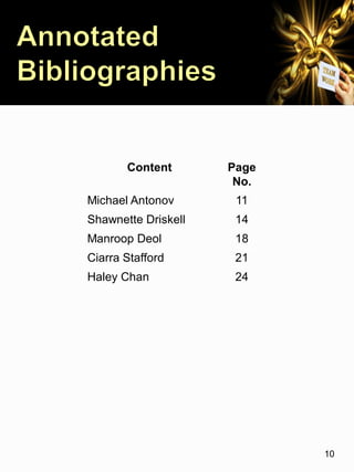 10
Content Page
No.
Michael Antonov 11
Shawnette Driskell 14
Manroop Deol 18
Ciarra Stafford 21
Haley Chan 24
 