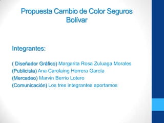 Propuesta Cambio de Color Seguros
                Bolívar


Integrantes:

( Diseñador Gráfico) Margarita Rosa Zuluaga Morales
(Publicista) Ana Carolaing Herrera García
(Mercadeo) Marvin Berrio Lotero
(Comunicación) Los tres integrantes aportamos
 