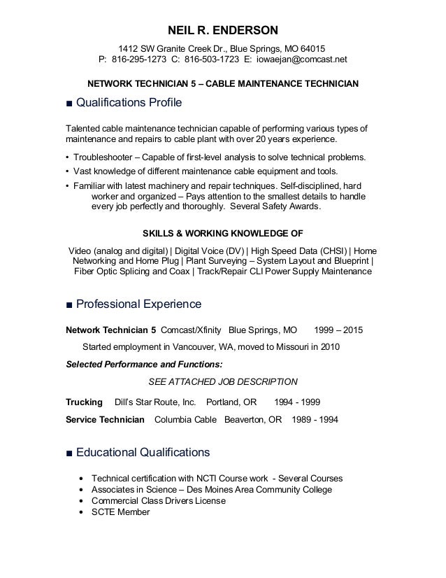 neil 2015 resume comcast cable technician job description