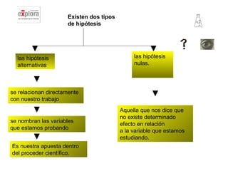 se relacionan directamente con nuestro trabajo se nombran las variables que estamos probando  Es nuestra apuesta dentro del proceder científico. Existen dos tipos de hipótesis las hipótesis alternativas las hipótesis nulas. Aquella que nos dice que no existe determinado efecto en relación a la variable que estamos estudiando. 