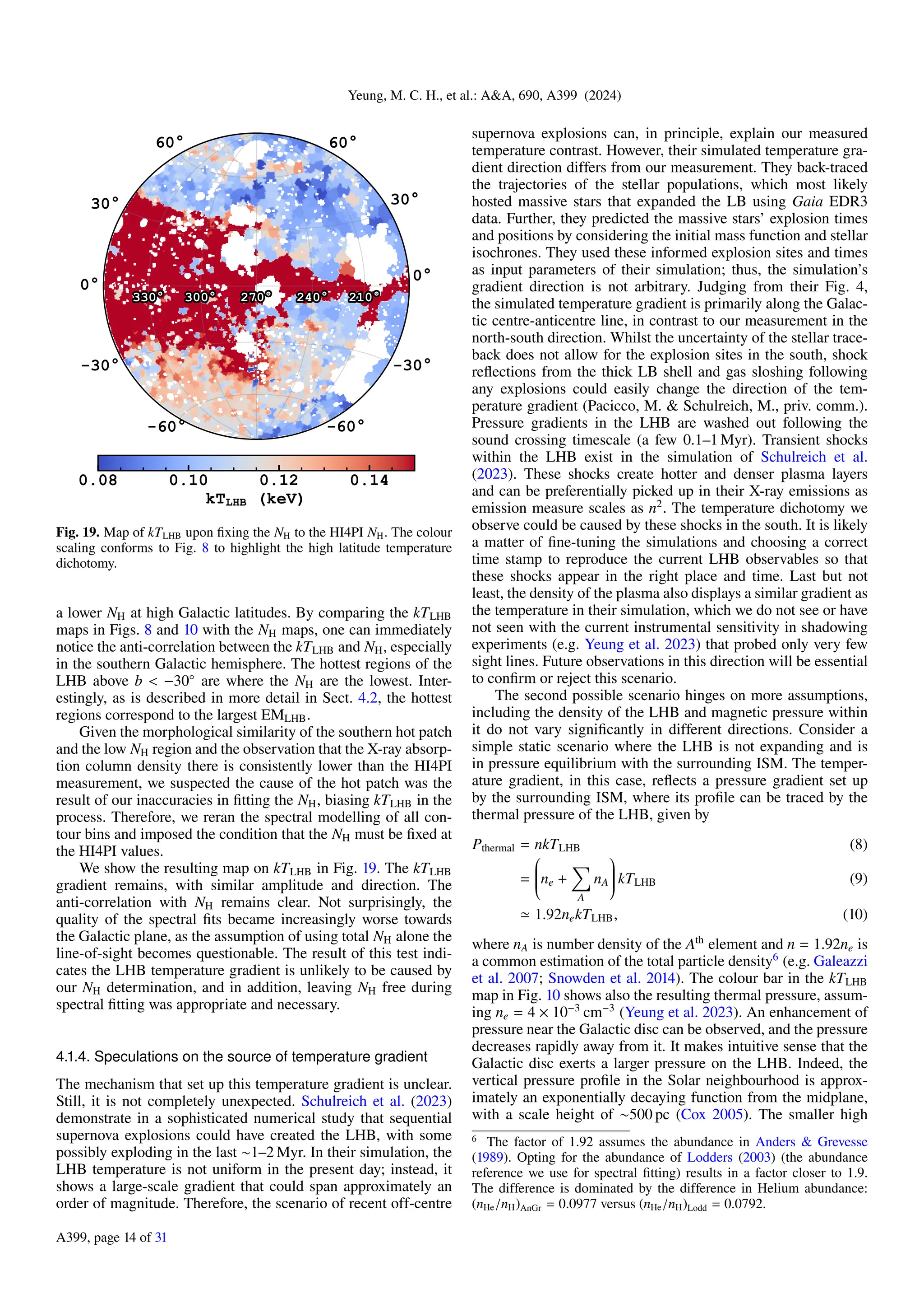 Yeung, M. C. H., et al.: A&A, 690, A399 (2024)
Fig. 19. Map of kTLHB upon fixing the NH to the HI4PI NH. The colour
scaling conforms to Fig. 8 to highlight the high latitude temperature
dichotomy.
a lower NH at high Galactic latitudes. By comparing the kTLHB
maps in Figs. 8 and 10 with the NH maps, one can immediately
notice the anti-correlation between the kTLHB and NH, especially
in the southern Galactic hemisphere. The hottest regions of the
LHB above b < −30◦
are where the NH are the lowest. Inter-
estingly, as is described in more detail in Sect. 4.2, the hottest
regions correspond to the largest EMLHB.
Given the morphological similarity of the southern hot patch
and the low NH region and the observation that the X-ray absorp-
tion column density there is consistently lower than the HI4PI
measurement, we suspected the cause of the hot patch was the
result of our inaccuracies in fitting the NH, biasing kTLHB in the
process. Therefore, we reran the spectral modelling of all con-
tour bins and imposed the condition that the NH must be fixed at
the HI4PI values.
We show the resulting map on kTLHB in Fig. 19. The kTLHB
gradient remains, with similar amplitude and direction. The
anti-correlation with NH remains clear. Not surprisingly, the
quality of the spectral fits became increasingly worse towards
the Galactic plane, as the assumption of using total NH alone the
line-of-sight becomes questionable. The result of this test indi-
cates the LHB temperature gradient is unlikely to be caused by
our NH determination, and in addition, leaving NH free during
spectral fitting was appropriate and necessary.
4.1.4. Speculations on the source of temperature gradient
The mechanism that set up this temperature gradient is unclear.
Still, it is not completely unexpected. Schulreich et al. (2023)
demonstrate in a sophisticated numerical study that sequential
supernova explosions could have created the LHB, with some
possibly exploding in the last ∼1–2 Myr. In their simulation, the
LHB temperature is not uniform in the present day; instead, it
shows a large-scale gradient that could span approximately an
order of magnitude. Therefore, the scenario of recent off-centre
supernova explosions can, in principle, explain our measured
temperature contrast. However, their simulated temperature gra-
dient direction differs from our measurement. They back-traced
the trajectories of the stellar populations, which most likely
hosted massive stars that expanded the LB using Gaia EDR3
data. Further, they predicted the massive stars’ explosion times
and positions by considering the initial mass function and stellar
isochrones. They used these informed explosion sites and times
as input parameters of their simulation; thus, the simulation’s
gradient direction is not arbitrary. Judging from their Fig. 4,
the simulated temperature gradient is primarily along the Galac-
tic centre-anticentre line, in contrast to our measurement in the
north-south direction. Whilst the uncertainty of the stellar trace-
back does not allow for the explosion sites in the south, shock
reflections from the thick LB shell and gas sloshing following
any explosions could easily change the direction of the tem-
perature gradient (Pacicco, M. & Schulreich, M., priv. comm.).
Pressure gradients in the LHB are washed out following the
sound crossing timescale (a few 0.1–1 Myr). Transient shocks
within the LHB exist in the simulation of Schulreich et al.
(2023). These shocks create hotter and denser plasma layers
and can be preferentially picked up in their X-ray emissions as
emission measure scales as n2
. The temperature dichotomy we
observe could be caused by these shocks in the south. It is likely
a matter of fine-tuning the simulations and choosing a correct
time stamp to reproduce the current LHB observables so that
these shocks appear in the right place and time. Last but not
least, the density of the plasma also displays a similar gradient as
the temperature in their simulation, which we do not see or have
not seen with the current instrumental sensitivity in shadowing
experiments (e.g. Yeung et al. 2023) that probed only very few
sight lines. Future observations in this direction will be essential
to confirm or reject this scenario.
The second possible scenario hinges on more assumptions,
including the density of the LHB and magnetic pressure within
it do not vary significantly in different directions. Consider a
simple static scenario where the LHB is not expanding and is
in pressure equilibrium with the surrounding ISM. The temper-
ature gradient, in this case, reflects a pressure gradient set up
by the surrounding ISM, where its profile can be traced by the
thermal pressure of the LHB, given by
Pthermal = nkTLHB (8)
=






ne +
X
A
nA






 kTLHB (9)
≃ 1.92nekTLHB, (10)
where nA is number density of the Ath
element and n = 1.92ne is
a common estimation of the total particle density6
(e.g. Galeazzi
et al. 2007; Snowden et al. 2014). The colour bar in the kTLHB
map in Fig. 10 shows also the resulting thermal pressure, assum-
ing ne = 4 × 10−3
cm−3
(Yeung et al. 2023). An enhancement of
pressure near the Galactic disc can be observed, and the pressure
decreases rapidly away from it. It makes intuitive sense that the
Galactic disc exerts a larger pressure on the LHB. Indeed, the
vertical pressure profile in the Solar neighbourhood is approx-
imately an exponentially decaying function from the midplane,
with a scale height of ∼500 pc (Cox 2005). The smaller high
6 The factor of 1.92 assumes the abundance in Anders & Grevesse
(1989). Opting for the abundance of Lodders (2003) (the abundance
reference we use for spectral fitting) results in a factor closer to 1.9.
The difference is dominated by the difference in Helium abundance:
(nHe/nH)AnGr = 0.0977 versus (nHe/nH)Lodd = 0.0792.
A399, page 14 of 31
 