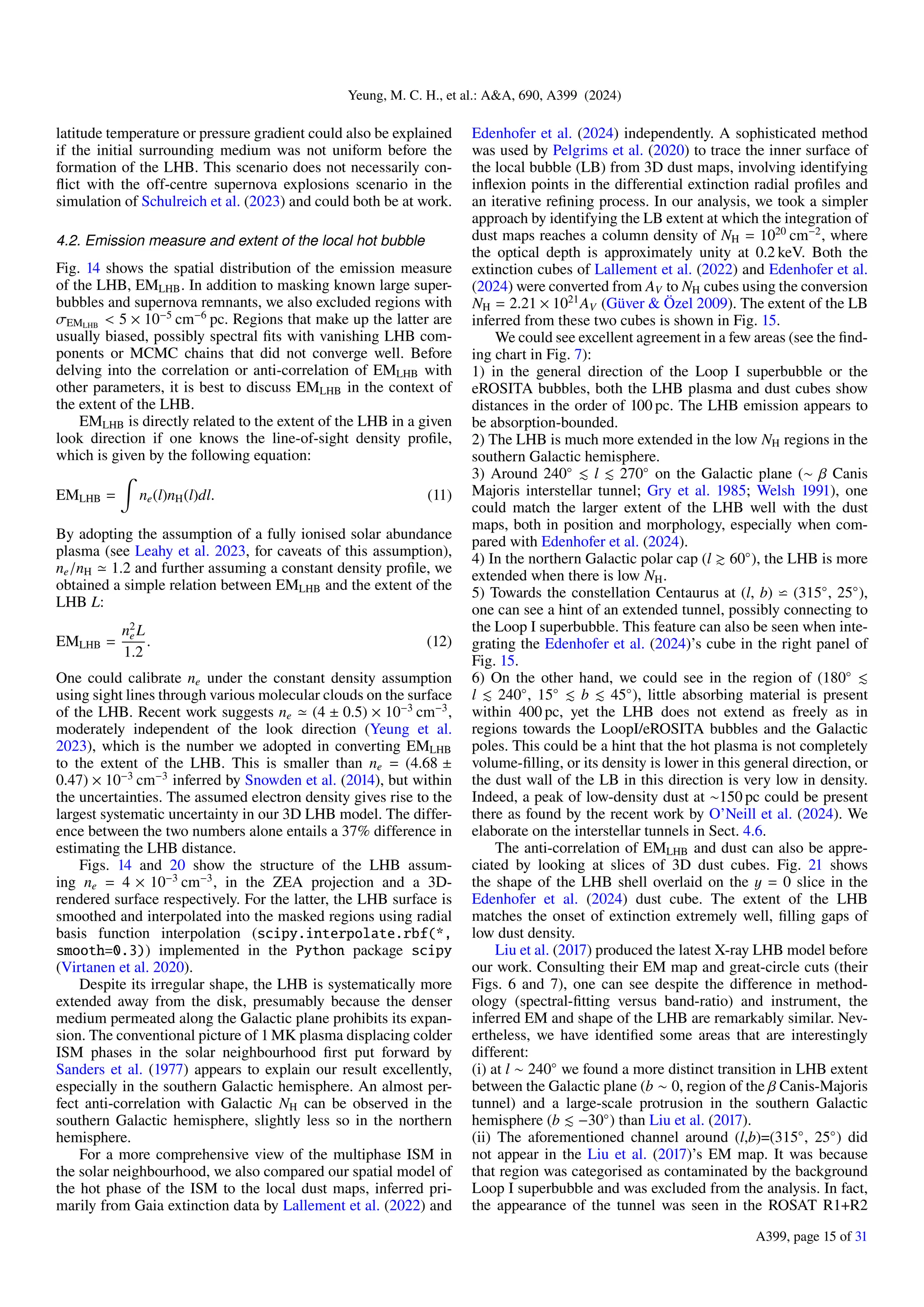 Yeung, M. C. H., et al.: A&A, 690, A399 (2024)
latitude temperature or pressure gradient could also be explained
if the initial surrounding medium was not uniform before the
formation of the LHB. This scenario does not necessarily con-
flict with the off-centre supernova explosions scenario in the
simulation of Schulreich et al. (2023) and could both be at work.
4.2. Emission measure and extent of the local hot bubble
Fig. 14 shows the spatial distribution of the emission measure
of the LHB, EMLHB. In addition to masking known large super-
bubbles and supernova remnants, we also excluded regions with
σEMLHB
< 5 × 10−5
cm−6
pc. Regions that make up the latter are
usually biased, possibly spectral fits with vanishing LHB com-
ponents or MCMC chains that did not converge well. Before
delving into the correlation or anti-correlation of EMLHB with
other parameters, it is best to discuss EMLHB in the context of
the extent of the LHB.
EMLHB is directly related to the extent of the LHB in a given
look direction if one knows the line-of-sight density profile,
which is given by the following equation:
EMLHB =
Z
ne(l)nH(l)dl. (11)
By adopting the assumption of a fully ionised solar abundance
plasma (see Leahy et al. 2023, for caveats of this assumption),
ne/nH ≃ 1.2 and further assuming a constant density profile, we
obtained a simple relation between EMLHB and the extent of the
LHB L:
EMLHB =
n2
e L
1.2
. (12)
One could calibrate ne under the constant density assumption
using sight lines through various molecular clouds on the surface
of the LHB. Recent work suggests ne ≃ (4 ± 0.5) × 10−3
cm−3
,
moderately independent of the look direction (Yeung et al.
2023), which is the number we adopted in converting EMLHB
to the extent of the LHB. This is smaller than ne = (4.68 ±
0.47) × 10−3
cm−3
inferred by Snowden et al. (2014), but within
the uncertainties. The assumed electron density gives rise to the
largest systematic uncertainty in our 3D LHB model. The differ-
ence between the two numbers alone entails a 37% difference in
estimating the LHB distance.
Figs. 14 and 20 show the structure of the LHB assum-
ing ne = 4 × 10−3
cm−3
, in the ZEA projection and a 3D-
rendered surface respectively. For the latter, the LHB surface is
smoothed and interpolated into the masked regions using radial
basis function interpolation (scipy.interpolate.rbf(*,
smooth=0.3)) implemented in the Python package scipy
(Virtanen et al. 2020).
Despite its irregular shape, the LHB is systematically more
extended away from the disk, presumably because the denser
medium permeated along the Galactic plane prohibits its expan-
sion. The conventional picture of 1 MK plasma displacing colder
ISM phases in the solar neighbourhood first put forward by
Sanders et al. (1977) appears to explain our result excellently,
especially in the southern Galactic hemisphere. An almost per-
fect anti-correlation with Galactic NH can be observed in the
southern Galactic hemisphere, slightly less so in the northern
hemisphere.
For a more comprehensive view of the multiphase ISM in
the solar neighbourhood, we also compared our spatial model of
the hot phase of the ISM to the local dust maps, inferred pri-
marily from Gaia extinction data by Lallement et al. (2022) and
Edenhofer et al. (2024) independently. A sophisticated method
was used by Pelgrims et al. (2020) to trace the inner surface of
the local bubble (LB) from 3D dust maps, involving identifying
inflexion points in the differential extinction radial profiles and
an iterative refining process. In our analysis, we took a simpler
approach by identifying the LB extent at which the integration of
dust maps reaches a column density of NH = 1020
cm−2
, where
the optical depth is approximately unity at 0.2 keV. Both the
extinction cubes of Lallement et al. (2022) and Edenhofer et al.
(2024) were converted from AV to NH cubes using the conversion
NH = 2.21 × 1021
AV (Güver & Özel 2009). The extent of the LB
inferred from these two cubes is shown in Fig. 15.
We could see excellent agreement in a few areas (see the find-
ing chart in Fig. 7):
1) in the general direction of the Loop I superbubble or the
eROSITA bubbles, both the LHB plasma and dust cubes show
distances in the order of 100 pc. The LHB emission appears to
be absorption-bounded.
2) The LHB is much more extended in the low NH regions in the
southern Galactic hemisphere.
3) Around 240◦
≲ l ≲ 270◦
on the Galactic plane (∼ β Canis
Majoris interstellar tunnel; Gry et al. 1985; Welsh 1991), one
could match the larger extent of the LHB well with the dust
maps, both in position and morphology, especially when com-
pared with Edenhofer et al. (2024).
4) In the northern Galactic polar cap (l ≳ 60◦
), the LHB is more
extended when there is low NH.
5) Towards the constellation Centaurus at (l, b) ⋍ (315◦
, 25◦
),
one can see a hint of an extended tunnel, possibly connecting to
the Loop I superbubble. This feature can also be seen when inte-
grating the Edenhofer et al. (2024)’s cube in the right panel of
Fig. 15.
6) On the other hand, we could see in the region of (180◦
≲
l ≲ 240◦
, 15◦
≲ b ≲ 45◦
), little absorbing material is present
within 400 pc, yet the LHB does not extend as freely as in
regions towards the LoopI/eROSITA bubbles and the Galactic
poles. This could be a hint that the hot plasma is not completely
volume-filling, or its density is lower in this general direction, or
the dust wall of the LB in this direction is very low in density.
Indeed, a peak of low-density dust at ∼150 pc could be present
there as found by the recent work by O’Neill et al. (2024). We
elaborate on the interstellar tunnels in Sect. 4.6.
The anti-correlation of EMLHB and dust can also be appre-
ciated by looking at slices of 3D dust cubes. Fig. 21 shows
the shape of the LHB shell overlaid on the y = 0 slice in the
Edenhofer et al. (2024) dust cube. The extent of the LHB
matches the onset of extinction extremely well, filling gaps of
low dust density.
Liu et al. (2017) produced the latest X-ray LHB model before
our work. Consulting their EM map and great-circle cuts (their
Figs. 6 and 7), one can see despite the difference in method-
ology (spectral-fitting versus band-ratio) and instrument, the
inferred EM and shape of the LHB are remarkably similar. Nev-
ertheless, we have identified some areas that are interestingly
different:
(i) at l ∼ 240◦
we found a more distinct transition in LHB extent
between the Galactic plane (b ∼ 0, region of the β Canis-Majoris
tunnel) and a large-scale protrusion in the southern Galactic
hemisphere (b ≲ −30◦
) than Liu et al. (2017).
(ii) The aforementioned channel around (l,b)=(315◦
, 25◦
) did
not appear in the Liu et al. (2017)’s EM map. It was because
that region was categorised as contaminated by the background
Loop I superbubble and was excluded from the analysis. In fact,
the appearance of the tunnel was seen in the ROSAT R1+R2
A399, page 15 of 31
 