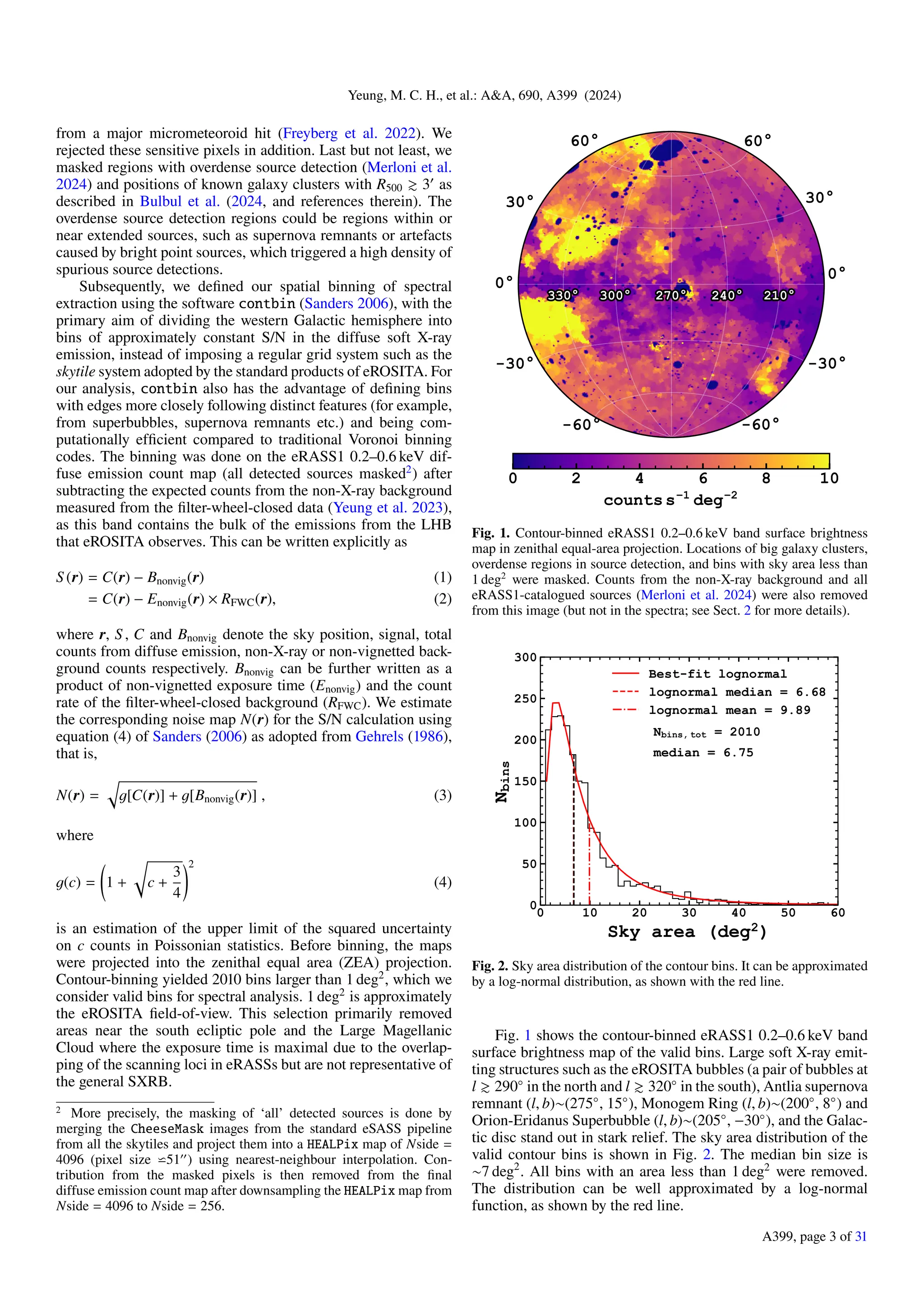 Yeung, M. C. H., et al.: A&A, 690, A399 (2024)
from a major micrometeoroid hit (Freyberg et al. 2022). We
rejected these sensitive pixels in addition. Last but not least, we
masked regions with overdense source detection (Merloni et al.
2024) and positions of known galaxy clusters with R500 ≳ 3′
as
described in Bulbul et al. (2024, and references therein). The
overdense source detection regions could be regions within or
near extended sources, such as supernova remnants or artefacts
caused by bright point sources, which triggered a high density of
spurious source detections.
Subsequently, we defined our spatial binning of spectral
extraction using the software contbin (Sanders 2006), with the
primary aim of dividing the western Galactic hemisphere into
bins of approximately constant S/N in the diffuse soft X-ray
emission, instead of imposing a regular grid system such as the
skytile system adopted by the standard products of eROSITA. For
our analysis, contbin also has the advantage of defining bins
with edges more closely following distinct features (for example,
from superbubbles, supernova remnants etc.) and being com-
putationally efficient compared to traditional Voronoi binning
codes. The binning was done on the eRASS1 0.2–0.6 keV dif-
fuse emission count map (all detected sources masked2
) after
subtracting the expected counts from the non-X-ray background
measured from the filter-wheel-closed data (Yeung et al. 2023),
as this band contains the bulk of the emissions from the LHB
that eROSITA observes. This can be written explicitly as
S (r) = C(r) − Bnonvig(r) (1)
= C(r) − Enonvig(r) × RFWC(r), (2)
where r, S , C and Bnonvig denote the sky position, signal, total
counts from diffuse emission, non-X-ray or non-vignetted back-
ground counts respectively. Bnonvig can be further written as a
product of non-vignetted exposure time (Enonvig) and the count
rate of the filter-wheel-closed background (RFWC). We estimate
the corresponding noise map N(r) for the S/N calculation using
equation (4) of Sanders (2006) as adopted from Gehrels (1986),
that is,
N(r) =
q
g[C(r)] + g[Bnonvig(r)] , (3)
where
g(c) = 1 +
r
c +
3
4
!2
(4)
is an estimation of the upper limit of the squared uncertainty
on c counts in Poissonian statistics. Before binning, the maps
were projected into the zenithal equal area (ZEA) projection.
Contour-binning yielded 2010 bins larger than 1 deg2
, which we
consider valid bins for spectral analysis. 1 deg2
is approximately
the eROSITA field-of-view. This selection primarily removed
areas near the south ecliptic pole and the Large Magellanic
Cloud where the exposure time is maximal due to the overlap-
ping of the scanning loci in eRASSs but are not representative of
the general SXRB.
2 More precisely, the masking of ‘all’ detected sources is done by
merging the CheeseMask images from the standard eSASS pipeline
from all the skytiles and project them into a HEALPix map of Nside =
4096 (pixel size ⋍51′′
) using nearest-neighbour interpolation. Con-
tribution from the masked pixels is then removed from the final
diffuse emission count map after downsampling the HEALPix map from
Nside = 4096 to Nside = 256.
0°
30°
60°
60°
30°
0°
-30°
-60° -60°
-30°
0 2 4 6 8 10
countss 1
deg 2
Fig. 1. Contour-binned eRASS1 0.2–0.6 keV band surface brightness
map in zenithal equal-area projection. Locations of big galaxy clusters,
overdense regions in source detection, and bins with sky area less than
1 deg2
were masked. Counts from the non-X-ray background and all
eRASS1-catalogued sources (Merloni et al. 2024) were also removed
from this image (but not in the spectra; see Sect. 2 for more details).
Fig. 2. Sky area distribution of the contour bins. It can be approximated
by a log-normal distribution, as shown with the red line.
Fig. 1 shows the contour-binned eRASS1 0.2–0.6 keV band
surface brightness map of the valid bins. Large soft X-ray emit-
ting structures such as the eROSITA bubbles (a pair of bubbles at
l ≳ 290◦
in the north and l ≳ 320◦
in the south), Antlia supernova
remnant (l, b)∼(275◦
, 15◦
), Monogem Ring (l, b)∼(200◦
, 8◦
) and
Orion-Eridanus Superbubble (l, b)∼(205◦
, −30◦
), and the Galac-
tic disc stand out in stark relief. The sky area distribution of the
valid contour bins is shown in Fig. 2. The median bin size is
∼7 deg2
. All bins with an area less than 1 deg2
were removed.
The distribution can be well approximated by a log-normal
function, as shown by the red line.
A399, page 3 of 31
 