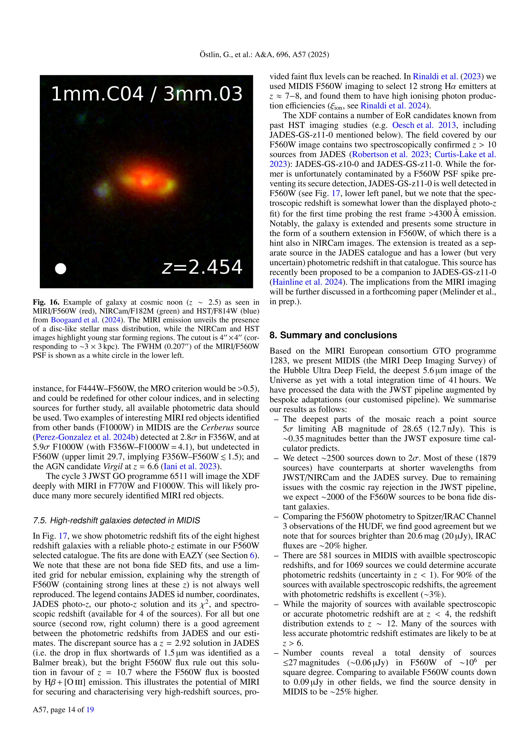 Östlin, G., et al.: AA, 696, A57 (2025)
Fig. 16. Example of galaxy at cosmic noon (z ∼ 2.5) as seen in
MIRI/F560W (red), NIRCam/F182M (green) and HST/F814W (blue)
from Boogaard et al. (2024). The MIRI emission unveils the presence
of a disc-like stellar mass distribution, while the NIRCam and HST
images highlight young star forming regions. The cutout is 400
×400
(cor-
responding to ∼3 × 3 kpc). The FWHM (0.20700
) of the MIRI/F560W
PSF is shown as a white circle in the lower left.
instance, for F444W–F560W, the MRO criterion would be 0.5),
and could be redefined for other colour indices, and in selecting
sources for further study, all available photometric data should
be used. Two examples of interesting MIRI red objects identified
from other bands (F1000W) in MIDIS are the Cerberus source
(Perez-Gonzalez et al. 2024b) detected at 2.8σ in F356W, and at
5.9σ F1000W (with F356W–F1000W = 4.1), but undetected in
F560W (upper limit 29.7, implying F356W–F560W . 1.5); and
the AGN candidate Virgil at z = 6.6 (Iani et al. 2023).
The cycle 3 JWST GO programme 6511 will image the XDF
deeply with MIRI in F770W and F1000W. This will likely pro-
duce many more securely identified MIRI red objects.
7.5. High-redshift galaxies detected in MIDIS
In Fig. 17, we show photometric redshift fits of the eight highest
redshift galaxies with a reliable photo-z estimate in our F560W
selected catalogue. The fits are done with EAZY (see Section 6).
We note that these are not bona fide SED fits, and use a lim-
ited grid for nebular emission, explaining why the strength of
F560W (containing strong lines at these z) is not always well
reproduced. The legend contains JADES id number, coordinates,
JADES photo-z, our photo-z solution and its χ2
, and spectro-
scopic redshift (available for 4 of the sources). For all but one
source (second row, right column) there is a good agreement
between the photometric redshifts from JADES and our esti-
mates. The discrepant source has a z = 2.92 solution in JADES
(i.e. the drop in flux shortwards of 1.5 µm was identified as a
Balmer break), but the bright F560W flux rule out this solu-
tion in favour of z = 10.7 where the F560W flux is boosted
by Hβ + [O iii] emission. This illustrates the potential of MIRI
for securing and characterising very high-redshift sources, pro-
vided faint flux levels can be reached. In Rinaldi et al. (2023) we
used MIDIS F560W imaging to select 12 strong Hα emitters at
z ≈ 7−8, and found them to have high ionising photon produc-
tion efficiencies (ξion, see Rinaldi et al. 2024).
The XDF contains a number of EoR candidates known from
past HST imaging studies (e.g. Oesch et al. 2013, including
JADES-GS-z11-0 mentioned below). The field covered by our
F560W image contains two spectroscopically confirmed z  10
sources from JADES (Robertson et al. 2023; Curtis-Lake et al.
2023): JADES-GS-z10-0 and JADES-GS-z11-0. While the for-
mer is unfortunately contaminated by a F560W PSF spike pre-
venting its secure detection, JADES-GS-z11-0 is well detected in
F560W (see Fig. 17, lower left panel, but we note that the spec-
troscopic redshift is somewhat lower than the displayed photo-z
fit) for the first time probing the rest frame 4300 Å emission.
Notably, the galaxy is extended and presents some structure in
the form of a southern extension in F560W, of which there is a
hint also in NIRCam images. The extension is treated as a sep-
arate source in the JADES catalogue and has a lower (but very
uncertain) photometric redshift in that catalogue. This source has
recently been proposed to be a companion to JADES-GS-z11-0
(Hainline et al. 2024). The implications from the MIRI imaging
will be further discussed in a forthcoming paper (Melinder et al.,
in prep.).
8. Summary and conclusions
Based on the MIRI European consortium GTO programme
1283, we present MIDIS (the MIRI Deep Imaging Survey) of
the Hubble Ultra Deep Field, the deepest 5.6 µm image of the
Universe as yet with a total integration time of 41 hours. We
have processed the data with the JWST pipeline augmented by
bespoke adaptations (our customised pipeline). We summarise
our results as follows:
– The deepest parts of the mosaic reach a point source
5σ limiting AB magnitude of 28.65 (12.7 nJy). This is
∼0.35 magnitudes better than the JWST exposure time cal-
culator predicts.
– We detect ∼2500 sources down to 2σ. Most of these (1879
sources) have counterparts at shorter wavelengths from
JWST/NIRCam and the JADES survey. Due to remaining
issues with the cosmic ray rejection in the JWST pipeline,
we expect ∼2000 of the F560W sources to be bona fide dis-
tant galaxies.
– Comparing the F560W photometry to Spitzer/IRAC Channel
3 observations of the HUDF, we find good agreement but we
note that for sources brighter than 20.6 mag (20 µJy), IRAC
fluxes are ∼20% higher.
– There are 581 sources in MIDIS with availble spectroscopic
redshifts, and for 1069 sources we could determine accurate
photometric redshits (uncertainty in z  1). For 90% of the
sources with available spectroscopic redshifts, the agreement
with photometric redshifts is excellent (∼3%).
– While the majority of sources with available spectroscopic
or accurate photometric redshift are at z  4, the redshift
distribution extends to z ∼ 12. Many of the sources with
less accurate photomtric redshift estimates are likely to be at
z  6.
– Number counts reveal a total density of sources
≤27 magnitudes (∼0.06 µJy) in F560W of ∼106
per
square degree. Comparing to available F560W counts down
to 0.09 µJy in other fields, we find the source density in
MIDIS to be ∼25% higher.
A57, page 14 of 19
 