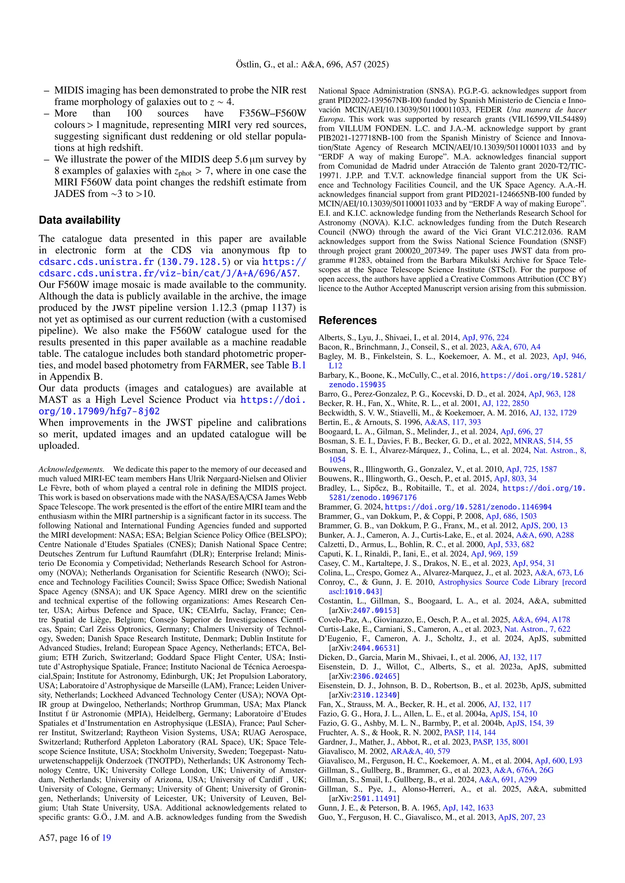 Östlin, G., et al.: AA, 696, A57 (2025)
– MIDIS imaging has been demonstrated to probe the NIR rest
frame morphology of galaxies out to z ∼ 4.
– More than 100 sources have F356W–F560W
colours  1 magnitude, representing MIRI very red sources,
suggesting significant dust reddening or old stellar popula-
tions at high redshift.
– We illustrate the power of the MIDIS deep 5.6 µm survey by
8 examples of galaxies with zphot  7, where in one case the
MIRI F560W data point changes the redshift estimate from
JADES from ∼3 to 10.
Data availability
The catalogue data presented in this paper are available
in electronic form at the CDS via anonymous ftp to
cdsarc.cds.unistra.fr (130.79.128.5) or via https://
cdsarc.cds.unistra.fr/viz-bin/cat/J/A+A/696/A57.
Our F560W image mosaic is made available to the community.
Although the data is publicly available in the archive, the image
produced by the jwst pipeline version 1.12.3 (pmap 1137) is
not yet as optimised as our current reduction (with a customised
pipeline). We also make the F560W catalogue used for the
results presented in this paper available as a machine readable
table. The catalogue includes both standard photometric proper-
ties, and model based photometry from FARMER, see Table B.1
in Appendix B.
Our data products (images and catalogues) are available at
MAST as a High Level Science Product via https://doi.
org/10.17909/hfg7-8j02
When improvements in the JWST pipeline and calibrations
so merit, updated images and an updated catalogue will be
uploaded.
Acknowledgements. We dedicate this paper to the memory of our deceased and
much valued MIRI-EC team members Hans Ulrik Nørgaard-Nielsen and Olivier
Le Fèvre, both of whom played a central role in defining the MIDIS project.
This work is based on observations made with the NASA/ESA/CSA James Webb
Space Telescope. The work presented is the effort of the entire MIRI team and the
enthusiasm within the MIRI partnership is a significant factor in its success. The
following National and International Funding Agencies funded and supported
the MIRI development: NASA; ESA; Belgian Science Policy Office (BELSPO);
Centre Nationale d’Etudes Spatiales (CNES); Danish National Space Centre;
Deutsches Zentrum fur Luftund Raumfahrt (DLR); Enterprise Ireland; Minis-
terio De Economia y Competividad; Netherlands Research School for Astron-
omy (NOVA); Netherlands Organisation for Scientific Research (NWO); Sci-
ence and Technology Facilities Council; Swiss Space Office; Swedish National
Space Agency (SNSA); and UK Space Agency. MIRI drew on the scientific
and technical expertise of the following organizations: Ames Research Cen-
ter, USA; Airbus Defence and Space, UK; CEAIrfu, Saclay, France; Cen-
tre Spatial de Liège, Belgium; Consejo Superior de Investigaciones Cientfi-
cas, Spain; Carl Zeiss Optronics, Germany; Chalmers University of Technol-
ogy, Sweden; Danish Space Research Institute, Denmark; Dublin Institute for
Advanced Studies, Ireland; European Space Agency, Netherlands; ETCA, Bel-
gium; ETH Zurich, Switzerland; Goddard Space Flight Center, USA; Insti-
tute d’Astrophysique Spatiale, France; Instituto Nacional de Técnica Aeroespa-
cial,Spain; Institute for Astronomy, Edinburgh, UK; Jet Propulsion Laboratory,
USA; Laboratoire d’Astrophysique de Marseille (LAM), France; Leiden Univer-
sity, Netherlands; Lockheed Advanced Technology Center (USA); NOVA Opt-
IR group at Dwingeloo, Netherlands; Northrop Grumman, USA; Max Planck
Institut f ür Astronomie (MPIA), Heidelberg, Germany; Laboratoire d’Etudes
Spatiales et d’Instrumentation en Astrophysique (LESIA), France; Paul Scher-
rer Institut, Switzerland; Raytheon Vision Systems, USA; RUAG Aerospace,
Switzerland; Rutherford Appleton Laboratory (RAL Space), UK; Space Tele-
scope Science Institute, USA; Stockholm University, Sweden; Toegepast- Natu-
urwetenschappelijk Onderzoek (TNOTPD), Netherlands; UK Astronomy Tech-
nology Centre, UK; University College London, UK; University of Amster-
dam, Netherlands; University of Arizona, USA; University of Cardiff , UK;
University of Cologne, Germany; University of Ghent; University of Gronin-
gen, Netherlands; University of Leicester, UK; University of Leuven, Bel-
gium; Utah State University, USA. Additional acknowledgements related to
specific grants: G.Ö., J.M. and A.B. acknowledges funding from the Swedish
National Space Administration (SNSA). P.G.P.-G. acknowledges support from
grant PID2022-139567NB-I00 funded by Spanish Ministerio de Ciencia e Inno-
vación MCIN/AEI/10.13039/501100011033, FEDER Una manera de hacer
Europa. This work was supported by research grants (VIL16599,VIL54489)
from VILLUM FONDEN. L.C. and J.A.-M. acknowledge support by grant
PIB2021-127718NB-100 from the Spanish Ministry of Science and Innova-
tion/State Agency of Research MCIN/AEI/10.13039/501100011033 and by
“ERDF A way of making Europe”. M.A. acknowledges financial support
from Comunidad de Madrid under Atracción de Talento grant 2020-T2/TIC-
19971. J.P.P. and T.V.T. acknowledge financial support from the UK Sci-
ence and Technology Facilities Council, and the UK Space Agency. A.A.-H.
acknowledges financial support from grant PID2021-124665NB-I00 funded by
MCIN/AEI/10.13039/501100011033 and by “ERDF A way of making Europe”.
E.I. and K.I.C. acknowledge funding from the Netherlands Research School for
Astronomy (NOVA). K.I.C. acknowledges funding from the Dutch Research
Council (NWO) through the award of the Vici Grant VI.C.212.036. RAM
acknowledges support from the Swiss National Science Foundation (SNSF)
through project grant 200020_207349. The paper uses JWST data from pro-
gramme #1283, obtained from the Barbara Mikulski Archive for Space Tele-
scopes at the Space Telescope Science Institute (STScI). For the purpose of
open access, the authors have applied a Creative Commons Attribution (CC BY)
licence to the Author Accepted Manuscript version arising from this submission.
References
Alberts, S., Lyu, J., Shivaei, I., et al. 2014, ApJ, 976, 224
Bacon, R., Brinchmann, J., Conseil, S., et al. 2023, AA, 670, A4
Bagley, M. B., Finkelstein, S. L., Koekemoer, A. M., et al. 2023, ApJ, 946,
L12
Barbary, K., Boone, K., McCully, C., et al. 2016, https://doi.org/10.5281/
zenodo.159035
Barro, G., Perez-Gonzalez, P. G., Kocevski, D. D., et al. 2024, ApJ, 963, 128
Becker, R. H., Fan, X., White, R. L., et al. 2001, AJ, 122, 2850
Beckwidth, S. V. W., Stiavelli, M.,  Koekemoer, A. M. 2016, AJ, 132, 1729
Bertin, E.,  Arnouts, S. 1996, AAS, 117, 393
Boogaard, L. A., Gilman, S., Melinder, J., et al. 2024, ApJ, 696, 27
Bosman, S. E. I., Davies, F. B., Becker, G. D., et al. 2022, MNRAS, 514, 55
Bosman, S. E. I., Álvarez-Márquez, J., Colina, L., et al. 2024, Nat. Astron., 8,
1054
Bouwens, R., Illingworth, G., Gonzalez, V., et al. 2010, ApJ, 725, 1587
Bouwens, R., Illingworth, G., Oesch, P., et al. 2015, ApJ, 803, 34
Bradley, L., Sipőcz, B., Robitaille, T., et al. 2024, https://doi.org/10.
5281/zenodo.10967176
Brammer, G. 2024, https://doi.org/10.5281/zenodo.1146904
Brammer, G., van Dokkum, P.,  Coppi, P. 2008, ApJ, 686, 1503
Brammer, G. B., van Dokkum, P. G., Franx, M., et al. 2012, ApJS, 200, 13
Bunker, A. J., Cameron, A. J., Curtis-Lake, E., et al. 2024, AA, 690, A288
Calzetti, D., Armus, L., Bohlin, R. C., et al. 2000, ApJ, 533, 682
Caputi, K. I., Rinaldi, P., Iani, E., et al. 2024, ApJ, 969, 159
Casey, C. M., Kartaltepe, J. S., Drakos, N. E., et al. 2023, ApJ, 954, 31
Colina, L., Crespo, Gomez A., Alvarez-Marquez, J., et al. 2023, AA, 673, L6
Conroy, C.,  Gunn, J. E. 2010, Astrophysics Source Code Library [record
ascl:1010.043]
Costantin, L., Gillman, S., Boogaard, L. A., et al. 2024, AA, submitted
[arXiv:2407.00153]
Covelo-Paz, A., Giovinazzo, E., Oesch, P. A., et al. 2025, AA, 694, A178
Curtis-Lake, E., Carniani, S., Cameron, A., et al. 2023, Nat. Astron., 7, 622
D’Eugenio, F., Cameron, A. J., Scholtz, J., et al. 2024, ApJS, submitted
[arXiv:2404.06531]
Dicken, D., Garcia, Marin M., Shivaei, I., et al. 2006, AJ, 132, 117
Eisenstein, D. J., Willot, C., Alberts, S., et al. 2023a, ApJS, submitted
[arXiv:2306.02465]
Eisenstein, D. J., Johnson, B. D., Robertson, B., et al. 2023b, ApJS, submitted
[arXiv:2310.12340]
Fan, X., Strauss, M. A., Becker, R. H., et al. 2006, AJ, 132, 117
Fazio, G. G., Hora, J. L., Allen, L. E., et al. 2004a, ApJS, 154, 10
Fazio, G. G., Ashby, M. L. N., Barmby, P., et al. 2004b, ApJS, 154, 39
Fruchter, A. S.,  Hook, R. N. 2002, PASP, 114, 144
Gardner, J., Mather, J., Abbot, R., et al. 2023, PASP, 135, 8001
Giavalisco, M. 2002, ARAA, 40, 579
Giavalisco, M., Ferguson, H. C., Koekemoer, A. M., et al. 2004, ApJ, 600, L93
Gillman, S., Gullberg, B., Brammer, G., et al. 2023, AA, 676A, 26G
Gillman, S., Smail, I., Gullberg, B., et al. 2024, AA, 691, A299
Gillman, S., Pye, J., Alonso-Herreri, A., et al. 2025, AA, submitted
[arXiv:2501.11491]
Gunn, J. E.,  Peterson, B. A. 1965, ApJ, 142, 1633
Guo, Y., Ferguson, H. C., Giavalisco, M., et al. 2013, ApJS, 207, 23
A57, page 16 of 19
 