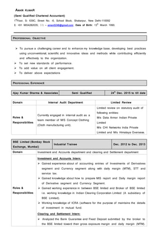 AMAN KUMAR
(Semi Qualified Chartered Accountant)
1st
Floor, S- 639C, Street No. -6, School Block, Shakarpur, New Delhi-110092
: +91 9654282035; : - aman0248@gmail.com; Date of Birth: 13th
March 1990.
PROFESSIONAL OBJECTIVE
 To pursue a challenging career and to enhance my knowledge base, developing best practices
using unconventional, scientific and innovative ideas and methods while contributing efficiently
and effectively to the organization.
 To set new standards of performance.
 To add value on all client engagement.
 To deliver above expectations
PROFESSIONAL EXPERIENCE
Ajay Kumar Sharma & Associates Semi Qualified 24th
Dec. 2015 to till date
Domain Internal Audit Department Limited Review
Roles &
Responsibilities
Currently engaged in internal audit as a
team member of M/S Concept Clothing
(Cloth manufacturing unit).
Limited review on statutory audit of
following entities:
M/s Data Armor Indian Private
Limited
M/s CHI Networks India Private
Limited and M/s Himalaya Overseas.
BSE Limited (Bombay Stock
Exchange, Mumbai)
Industrial Trainee Dec. 2012 to Dec. 2013
Domain Investment and Accounts department and clearing and Settlement department
Roles &
Responsibilities
Investment and Accounts Intern:
 Gained experience about of accounting entries of Investments of Derivatives
segment and Currency segment along with daily margin (MTM), STT and
service tax.
 Gained knowledge about how to prepare MIS report and Daily margin report
of Derivative segment and Currency Segment.
 Gained working experience in between BSE limited and Broker of BSE limited
i.e. working knowledge in Indian Clearing Corporation Limited (A subsidiary of
BSE Limited).
 Working knowledge of ICRA (software for the purpose of maintains the details
of investment in mutual fund.
Clearing and Settlement Intern:
 Analyzed the Bank Guarantee and Fixed Deposit submitted by the broker to
the BSE limited toward their gross exposure margin and daily margin (MTM).
 