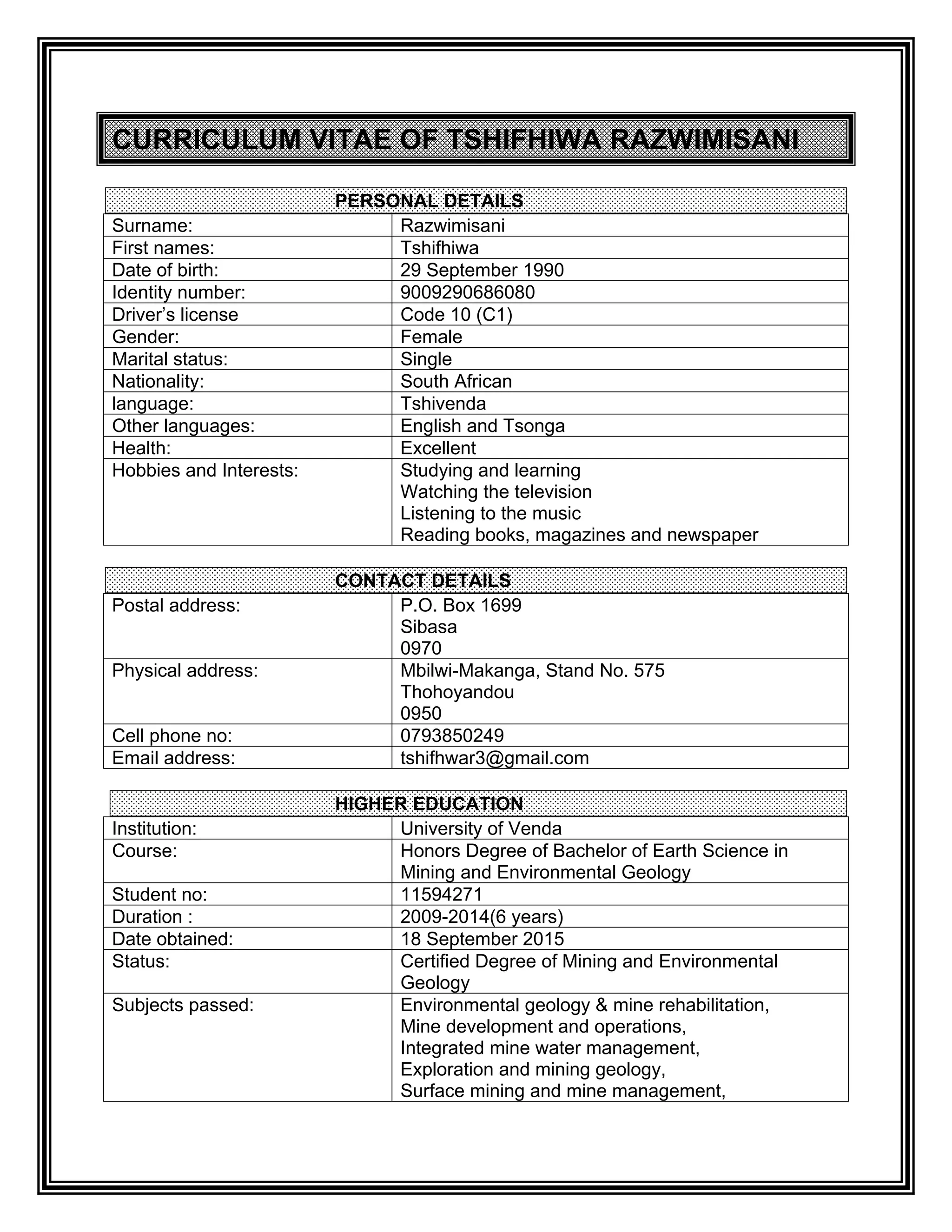 CV Tshifhiwa Razwimisani | PDF