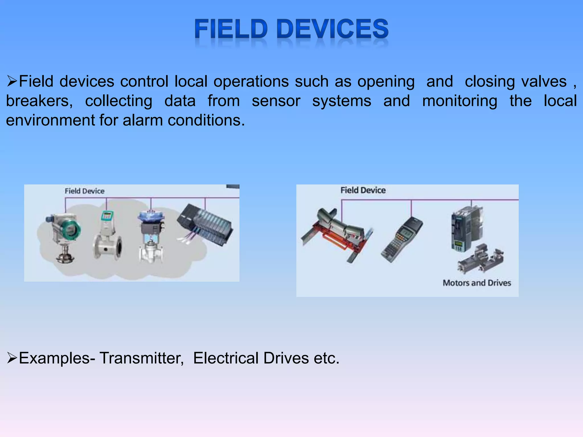 Field devices control local operations such as opening and closing valves ,
breakers, collecting data from sensor systems and monitoring the local
environment for alarm conditions.
Examples- Transmitter, Electrical Drives etc.
 