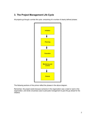 5
3. The Project Management Life Cycle
All projects go though a similar life cycle, comprising of a number of clearly defined phases:
The following sections of this primer reflect the phases in the above diagram.
Remember, the project exists because someone in the organization saw a need or want in the
organization, and wrote a business case to persuade management to give the go-ahead for the
initiative.
 