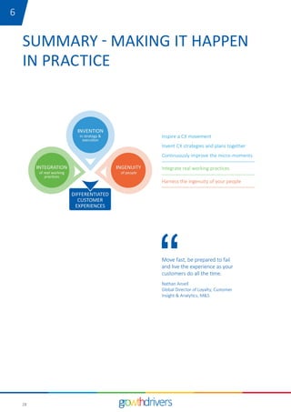 28
SUMMARY - MAKING IT HAPPEN
IN PRACTICE
Inspire a CX movement
Invent CX strategies and plans together
Continuously improve the micro-moments
Integrate real working practices
Harness the ingenuity of your people
Move fast, be prepared to fail
and live the experience as your
customers do all the time.
Nathan Ansell
Global Director of Loyalty, Customer
Insight & Analytics, M&S
16
 