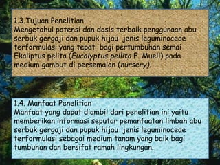 1.3.Tujuan Penelitian
Mengetahui potensi dan dosis terbaik penggunaan abu
serbuk gergaji dan pupuk hijau jenis leguminoceae
terformulasi yang tepat bagi pertumbuhan semai
Ekaliptus pelita (Eucalyptus pellita F. Muell) pada
medium gambut di persemaian (nursery).
1.4. Manfaat Penelitian
Manfaat yang dapat diambil dari penelitian ini yaitu
memberikan informasi seputar pemanfaatan limbah abu
serbuk gergaji dan pupuk hijau jenis leguminoceae
terformulasi sebagai medium tanam yang baik bagi
tumbuhan dan bersifat ramah lingkungan.
 