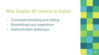 Why Display SP content in Koha?
▪ Consistent branding and styling
▪ Streamlined user experience
▪ Authentication pathways
17
 