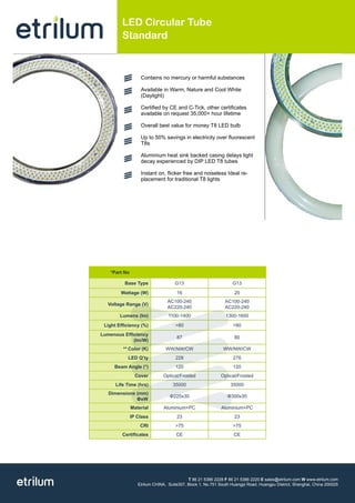 LED Circular Tube
Standard
T 86 21 5386 2228 F 86 21 5386 2220 E sales@etrilum.com W www.etrilum.com
Etrilum CHINA, Suite307, Block 1, No.751 South Huangpi Road, Huangpu District, Shanghai, China 200025
Contains no mercury or harmful substances
Available in Warm, Nature and Cool White
(Daylight)
Certified by CE and C-Tick, other certificates
available on request 35,000+ hour lifetime
Overall best value for money T8 LED bulb
Up to 50% savings in electricity over fluorescent
T8s
Aluminium heat sink backed casing delays light
decay experienced by DIP LED T8 tubes
Instant on, flicker free and noiseless Ideal re-
placement for traditional T8 lights
*Part No
Base Type G13 G13
Wattage (W) 16 20
Voltage Range (V)
AC100-240
AC220-240
AC100-240
AC220-240
Lumens (lm) 1100-1400 1300-1600
Light Efficiency (%) >80 >80
Lumenous Efficiency
(lm/W)
87 80
** Color (K) WW/NW/CW WW/NW/CW
LED Q’ty 228 276
Beam Angle (°) 120 120
Cover Optical/Frosted Optical/Frosted
Life Time (hrs) 35000 35000
Dimensions (mm)
ΦxW
Φ225x30 Φ300x30
Material Aluminium+PC Aluminium+PC
IP Class 23 23
CRI >75 >75
Certificates CE CE
 