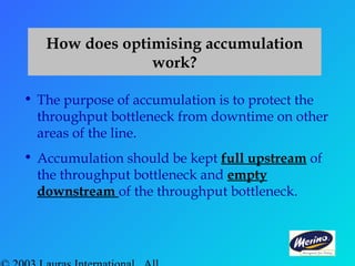 How does optimising accumulation
work?
• The purpose of accumulation is to protect the
throughput bottleneck from downtime on other
areas of the line.
• Accumulation should be kept full upstream of
the throughput bottleneck and empty
downstream of the throughput bottleneck.
 