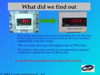 – The timing mechanism (Gemco) controlling the cut off point
of the Log was found to be incorrectly set on each occasion
experienced at the Re-winder.
– This was only allowing a throughput rate of 319m/min.
– The Gemco, when set correctly by an experienced operator
resulted in a speed increase to 509m/min.
AN INCREASE IN OUTPUT OF 59% FROM THE WINDER
What did we find out
 