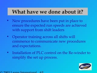 • New procedures have been put in place to
ensure the expected run speeds are achieved
with support from shift leaders
• Operator training across all shifts will
commence to communicate new procedures
and expectations.
• Installation of PLC control on the Re-winder to
simplify the set up process.
What have we done about it?
 