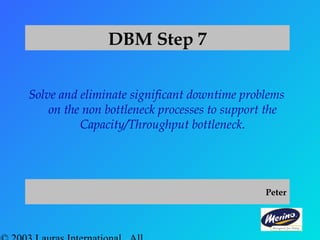 DBM Step 7
Solve and eliminate significant downtime problems
on the non bottleneck processes to support the
Capacity/Throughput bottleneck.
Peter
 