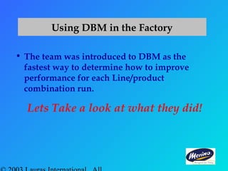 Using DBM in the Factory
• The team was introduced to DBM as the
fastest way to determine how to improve
performance for each Line/product
combination run.
Lets Take a look at what they did!
 