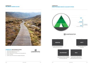 Page 6 Camping Update 2015 Page 7 Camping Update 2015
CAMPMASTER
THE COMPLETE CAMPING SOLUTION
CAMPMASTER: YOUR CATEGORY CAPTAIN
•	 Staff training through store and e-learning
•	 Quality product delivered on time
•	 Focus on safety and risk minimisation across all gas appliances
•	 Focus on innovation
•	 Access to high volume product for managed FOB programs
CAMPMASTER
BRAND POSITIONING STRATEGY & EXCLUSIVITY OPTIONS
BEST
BETTER
Develop and grow
GOOD
Strengthen and maintain
Campmaster
Brand Positioning
Providing the latest developments in
camping and outdoor products.
Best practice safety with no
compromise
INNOVATION
Leveraging our significant Australasian
buying programs to deliver exceptional
value buying opportunities.
FOB OPPORTUNITY
Providing access to AHM's extensive
supply network throughout Asia to
provide quality product you can rely on.
VALUE
SAFETY
 