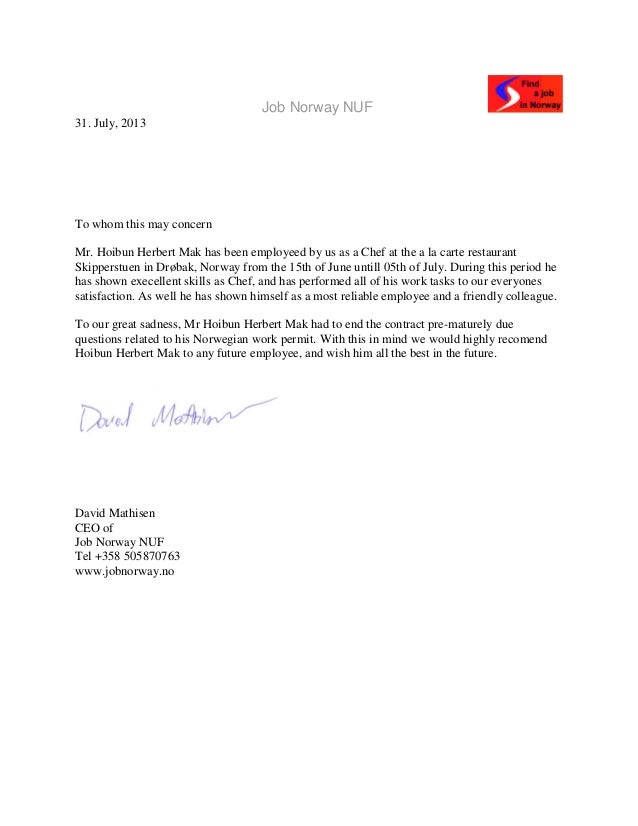 Job Norway NUF Recommendation Letter