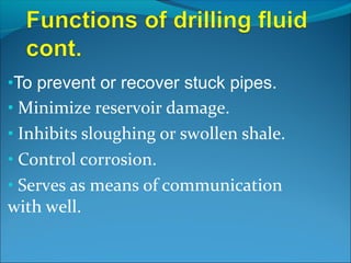 •To prevent or recover stuck pipes.
• Minimize reservoir damage.
• Inhibits sloughing or swollen shale.
• Control corrosion.
• Serves as means of communication
with well.
 