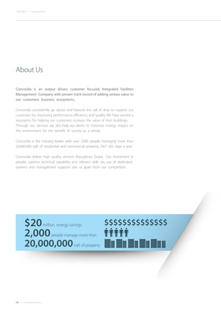 06 Concordiadubai.com
CONCORDIA | Company Profile
Concordia is an output driven, customer focused, Integrated Facilities
Management Company with proven track record of adding serious value to
our customers business ecosystems.
Concordia consistently go above and beyond the call of duty to support our
customers by improving performance, efficiency and quality. We have earned a
reputation for helping our customers increase the value of their buildings.
Through our services we also help our clients to minimise energy impact on
the environment for the benefit of society as a whole.
Concordia is the industry leader with over 2,000 people managing more than
20,000,000 sqft of residential and commercial property, 24/7 365 days a year.
Concordia deliver high quality services throughout Dubai. Our investment in
people, superior technical capability and relevant skills set, use of dedicated
systems and management supports sets us apart from our competitors.
About Us
$20million, energy savings
2,000people manage more than
20,000,000sqft of property
$$$$$$$$$$$$$$
 