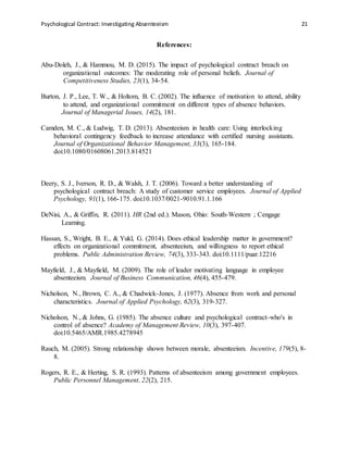 Psychological Contract: Investigating Absenteeism 21
References:
Abu-Doleh, J., & Hammou, M. D. (2015). The impact of psychological contract breach on
organizational outcomes: The moderating role of personal beliefs. Journal of
Competitiveness Studies, 23(1), 34-54.
Burton, J. P., Lee, T. W., & Holtom, B. C. (2002). The influence of motivation to attend, ability
to attend, and organizational commitment on different types of absence behaviors.
Journal of Managerial Issues, 14(2), 181.
Camden, M. C., & Ludwig, T. D. (2013). Absenteeism in health care: Using interlocking
behavioral contingency feedback to increase attendance with certified nursing assistants.
Journal of Organizational Behavior Management, 33(3), 165-184.
doi:10.1080/01608061.2013.814521
Deery, S. J., Iverson, R. D., & Walsh, J. T. (2006). Toward a better understanding of
psychological contract breach: A study of customer service employees. Journal of Applied
Psychology, 91(1), 166-175. doi:10.1037/0021-9010.91.1.166
DeNisi, A., & Griffin, R. (2011). HR (2nd ed.). Mason, Ohio: South-Western ; Cengage
Learning.
Hassan, S., Wright, B. E., & Yukl, G. (2014). Does ethical leadership matter in government?
effects on organizational commitment, absenteeism, and willingness to report ethical
problems. Public Administration Review, 74(3), 333-343. doi:10.1111/puar.12216
Mayfield, J., & Mayfield, M. (2009). The role of leader motivating language in employee
absenteeism. Journal of Business Communication, 46(4), 455-479.
Nicholson, N., Brown, C. A., & Chadwick-Jones, J. (1977). Absence from work and personal
characteristics. Journal of Applied Psychology, 62(3), 319-327.
Nicholson, N., & Johns, G. (1985). The absence culture and psychological contract-who's in
control of absence? Academy of Management Review, 10(3), 397-407.
doi:10.5465/AMR.1985.4278945
Rauch, M. (2005). Strong relationship shown between morale, absenteeism. Incentive, 179(5), 8-
8.
Rogers, R. E., & Herting, S. R. (1993). Patterns of absenteeism among government employees.
Public Personnel Management, 22(2), 215.
 