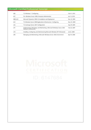 680 TS: Windows 7, Configuring Feb 01, 2010
647 Pro: Windows Server 2008, Enterprise Administrator Jan 14, 2010
MB2-633 Microsoft Dynamics CRM 4.0 Installation and Deployment Dec 22, 2009
643 TS: Windows Server 2008 Applications Infrastructure, Configuring Nov 24, 2009
236 TS: Exchange Server 2007 Configuration Sep 29, 2009
291 Implementing, Managing, and Maintaining a Microsoft Windows Server 2003
Network Infrastructure
Feb 26, 2009
270 Installing, Configuring, and Administering Microsoft Windows XP Professional Jul 22, 2008
290 Managing and Maintaining a Microsoft Windows Server 2003 Environment Apr 04, 2008
 