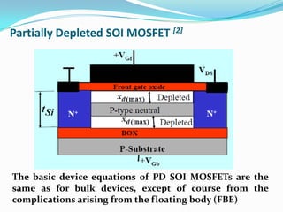 Partially Depleted SOI MOSFET [2]
The basic device equations of PD SOI MOSFETs are the
same as for bulk devices, except of course from the
complications arising from the floating body (FBE)
 